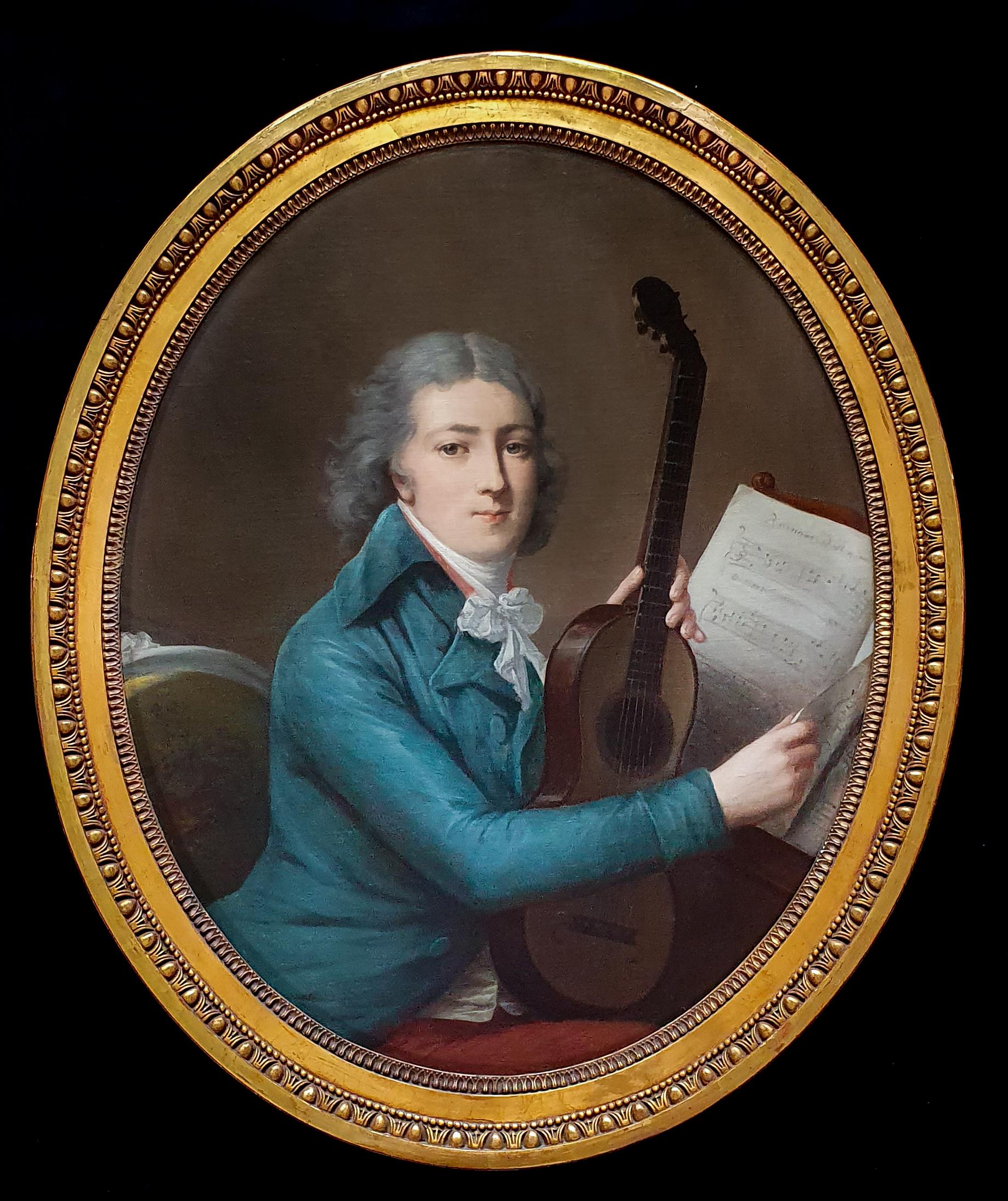 Circle of Antoine Vestier Portrait Painting - 18th Century Portrait of a Gentleman with a Six Single-String Guitar