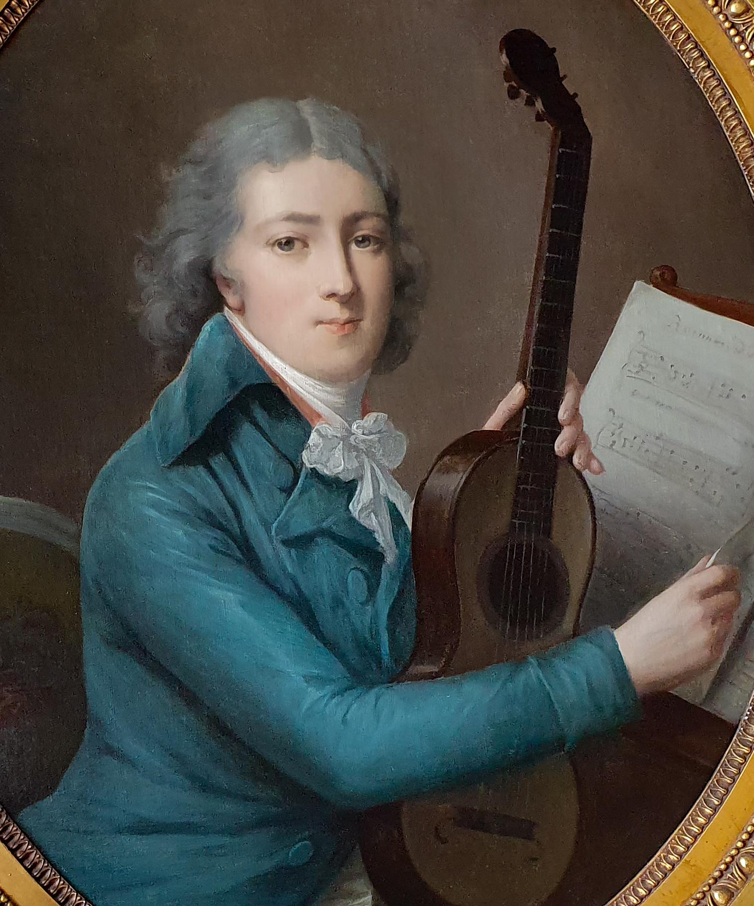 18th Century Portrait of a Gentleman with a Six Single-String Guitar - Painting by Circle of Antoine Vestier