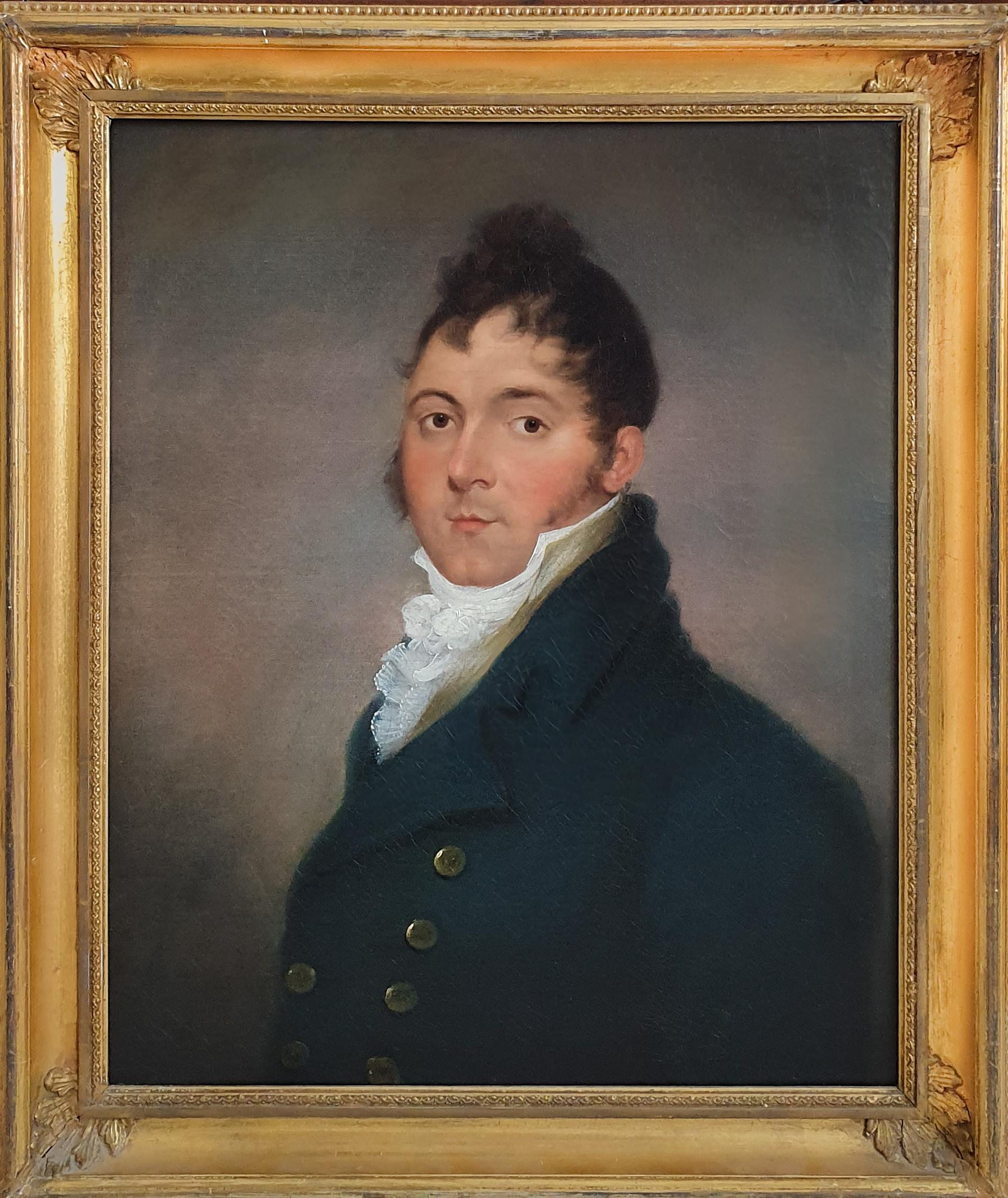 Titan Fine Art are pleased to present this attractive portrait, that depicts a young gentleman in fashionable clothing.  The double-breasted coat with the high collar, the type of cut-out on the label, the cravat, the slim tan waistcoat collar, and