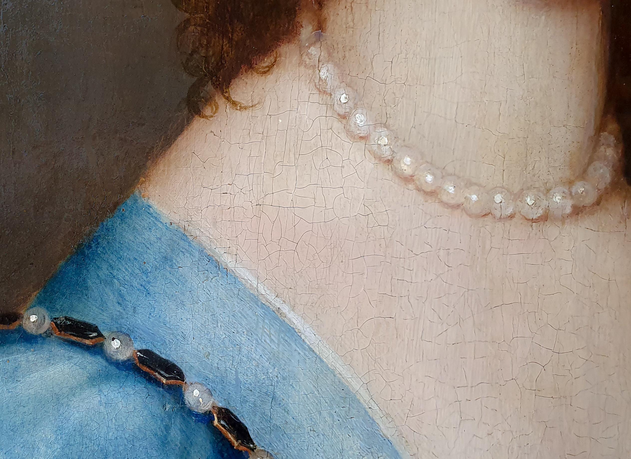 This charming portrait is an example of the type of small-scale panel portraits, often of splendid beauties of the time, that became fashionable in the mid-17th century.  The portrait represents Elizabeth Cavendish, Countess of Devonshire (1619 – 19