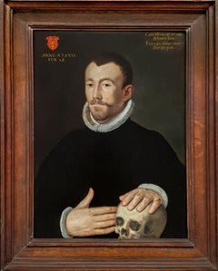Antique Portrait of a Gentleman with Skull, Memento Mori oil on panel