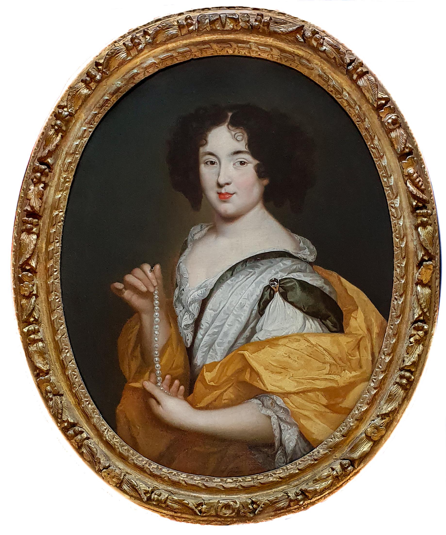 (Studio of) Pierre Mignard Portrait Painting - Portrait of Marie Mancini Holding a String of Pearls, Old Master Oil Painting