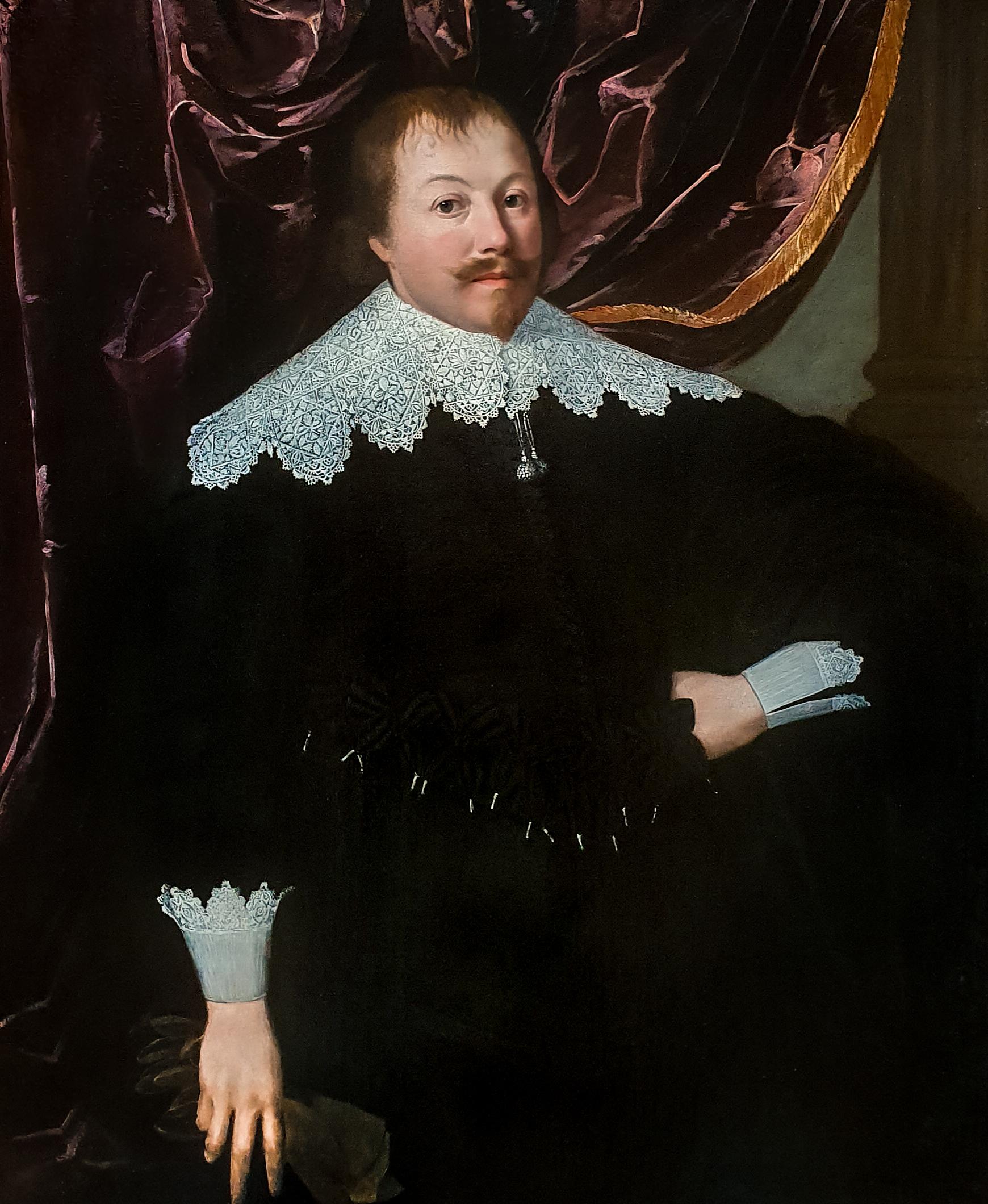 Portrait of a Gentleman holding a Pair of Gloves, Rare example of artist's work - Painting by (Attributed to) Huygh Pietersz. Voskuyl 