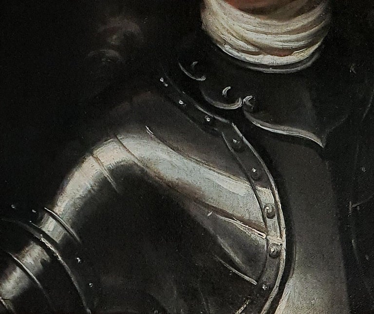 The gentleman in this portrait is shown with the grandiloquence characteristic of portraiture that, in addition to capturing a likeness, emphasised or embellished one’s importance.  Painted circa 1715 the subject has been depicted in armour over a