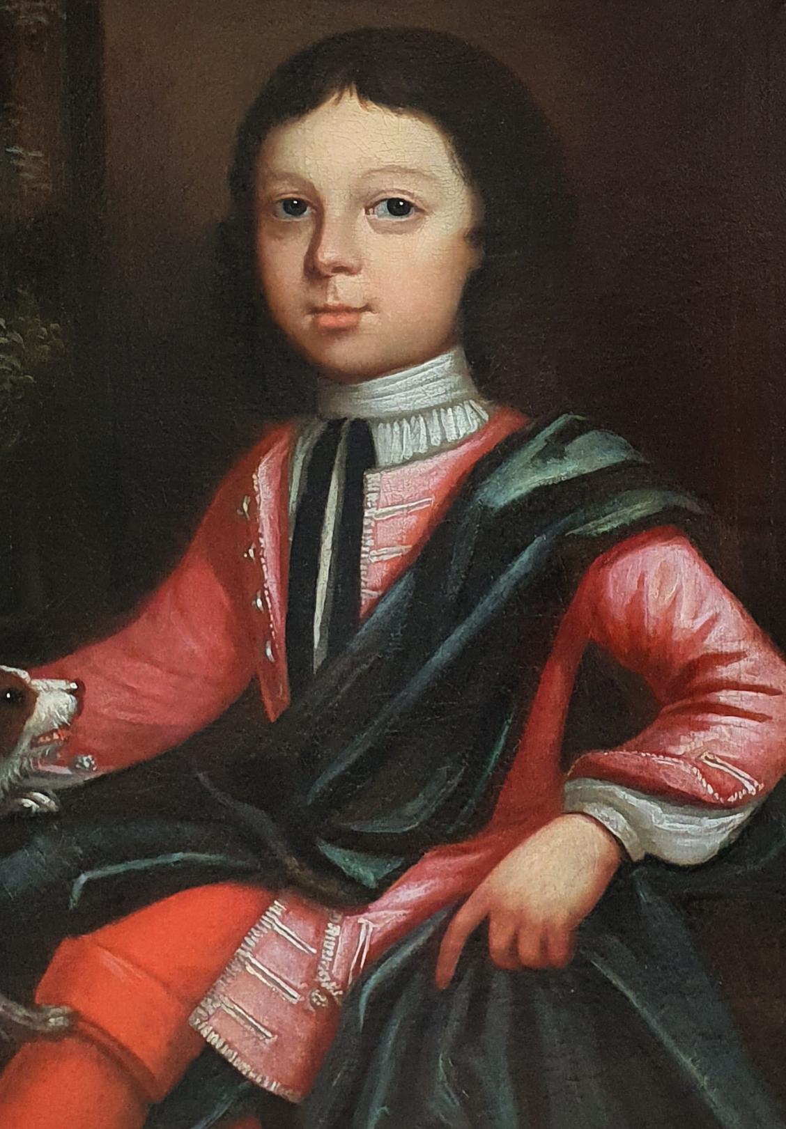 In this portrait the artist has portrayed the boy as a fashionable young gentleman sitting in the grounds of his estate. Only the playful attention of a small dog suggests anything less than patrician dignity.  It is possible that the artist’s