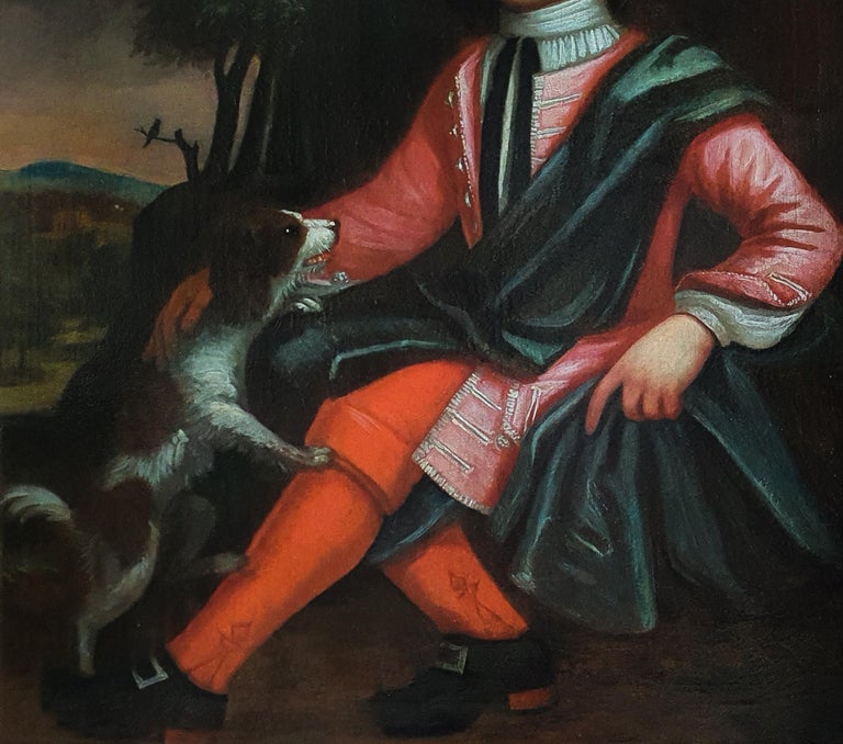 Portrait of a Boy and his Pet Dog 18th Century, Antique Oil on Canvas Painting For Sale 3