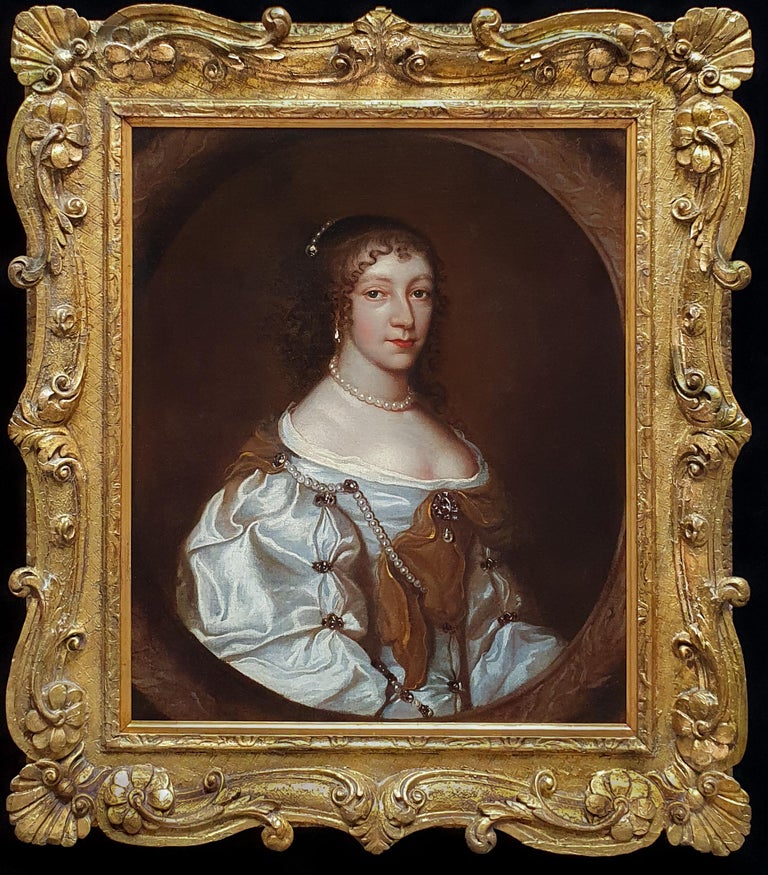 (Circle of) Sir Peter Lely Portrait Painting - Portrait of a Lady in a Silk Dress and Pearls c.1660, Fine Quality Carved Frame
