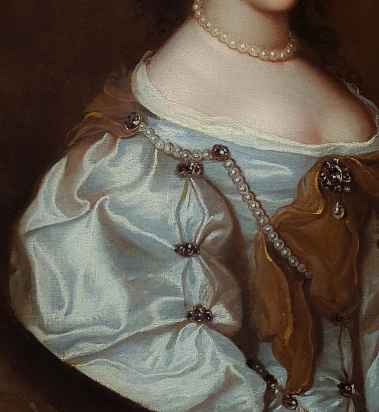 Portrait of a Lady in a Silk Dress and Pearls c.1660, Fine Quality Carved Frame - Brown Portrait Painting by (Circle of) Sir Peter Lely
