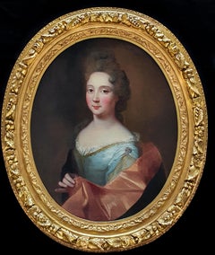 Portrait of a Lady in a Silver Dress and Pink Wrap, Antique Oil Painting