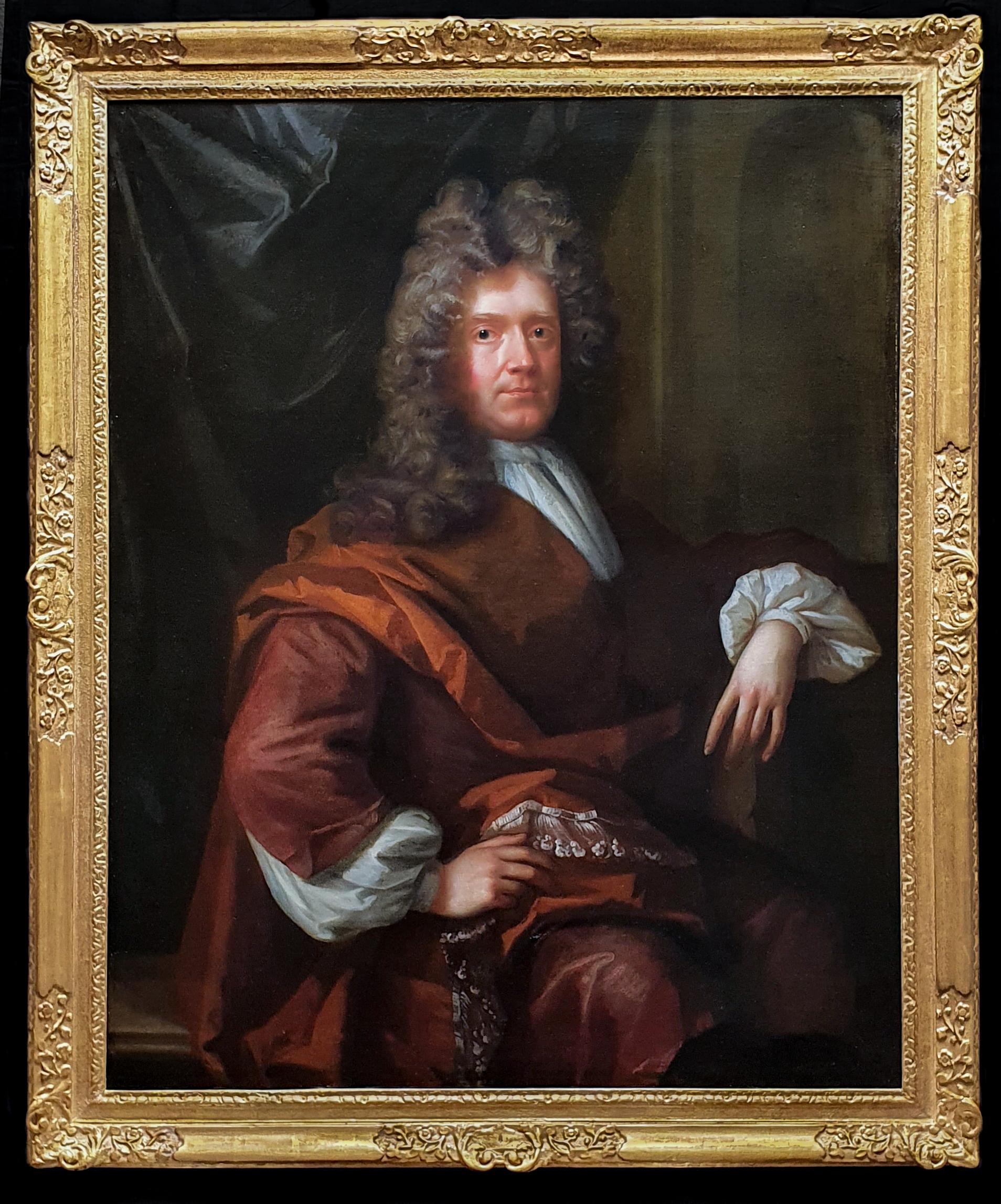 John Closterman Portrait Painting - Portrait of a Seated Gentleman in Brown Robes, Antique Oil Painting