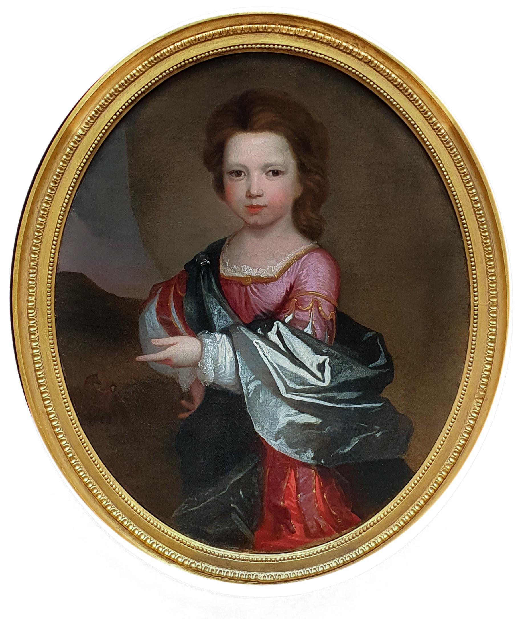 (Attributed to) Edward Byng Portrait Painting - PORTRAIT of a Young Girl in Roman Dress c.1695, Antique Oil Painting EDWARD BYNG