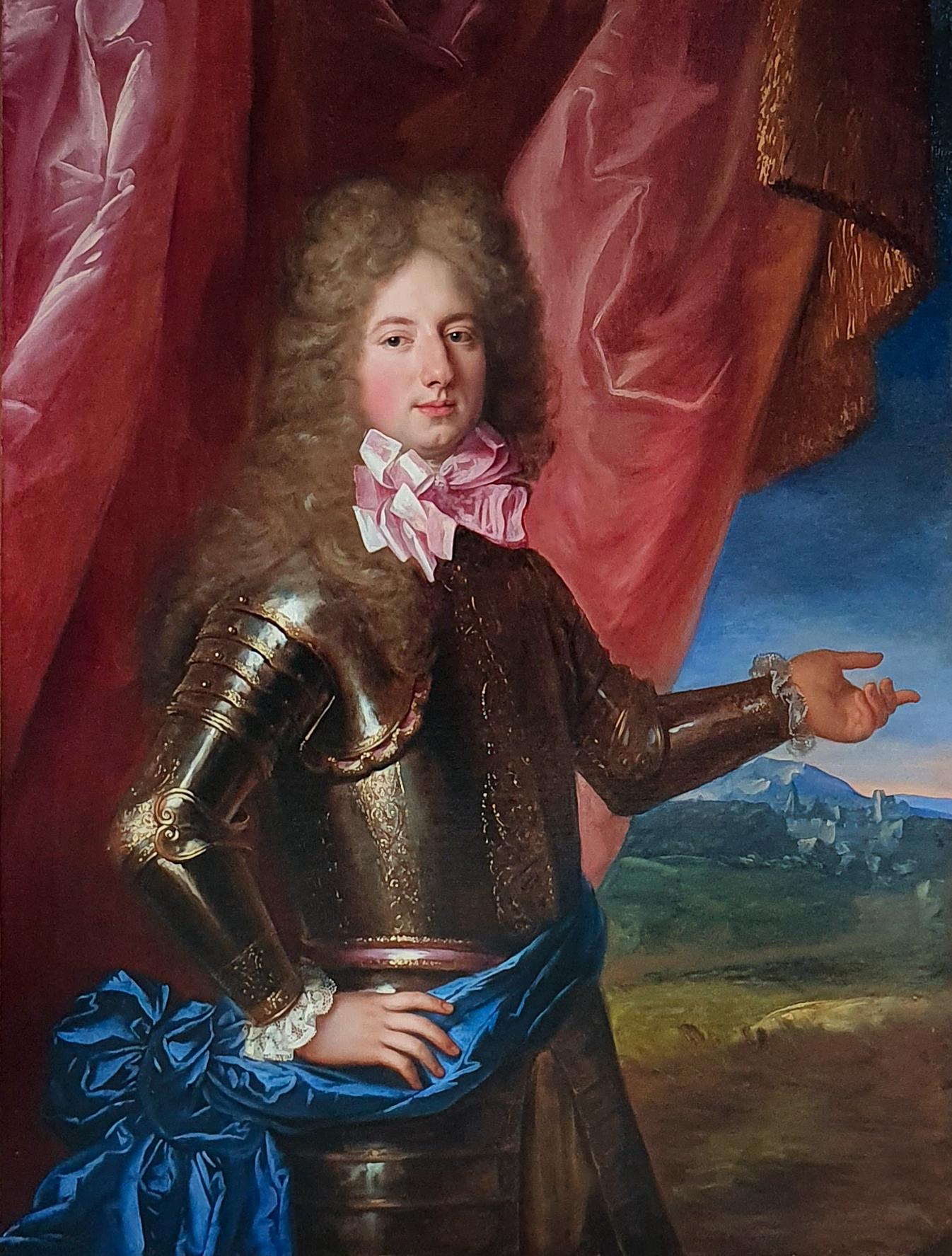 Portrait of a Young Nobleman in Armour 1690’s, Antique Oil Painting - Black Portrait Painting by (Studio of) Francois de Troy