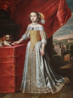 Portrait of a Young Lady in an Interior with a Pet Dog, Antique Oil Painting