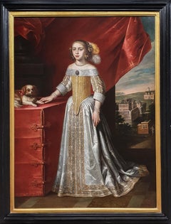 Portrait of a Young Lady in an Interior with a Pet Dog, Used Oil Painting