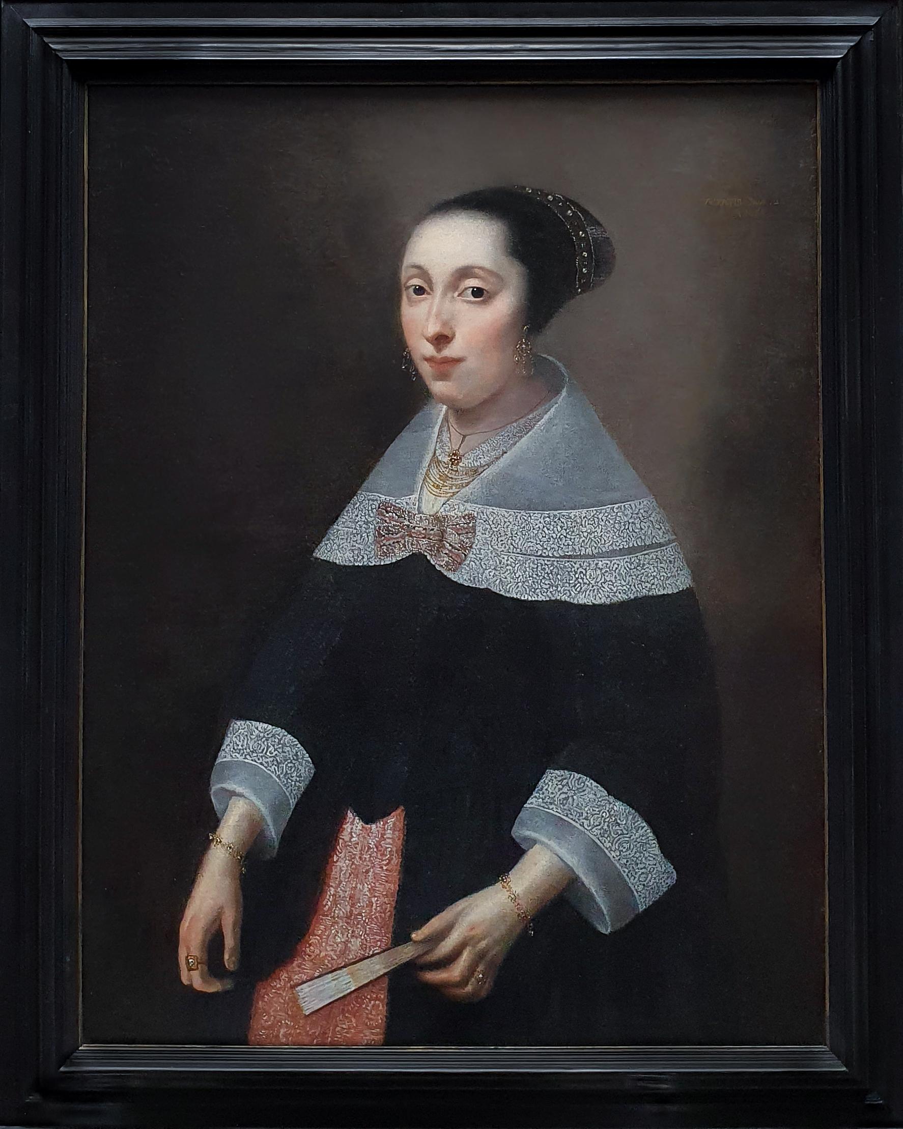 (Circle of) Willem Drost Portrait Painting - Portrait of a Lady Holding a Fan c.1656, Dutch Antique Oil Painting