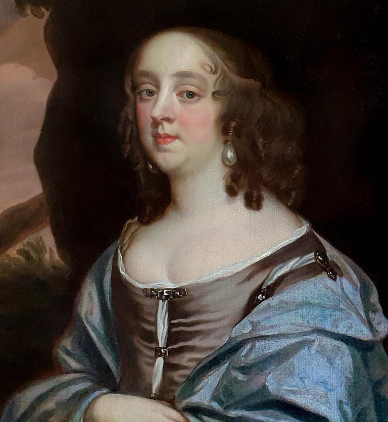 The fair-skinned beauty in this grand scale portrait is Lady Judith Monson (c.1623-1700), the daughter of Sir Thomas Pelham (2nd Baronet) of Laughton in Sussex and his wife Mary (nee Wilbraham).  She appears amongst the bounties of nature, her white