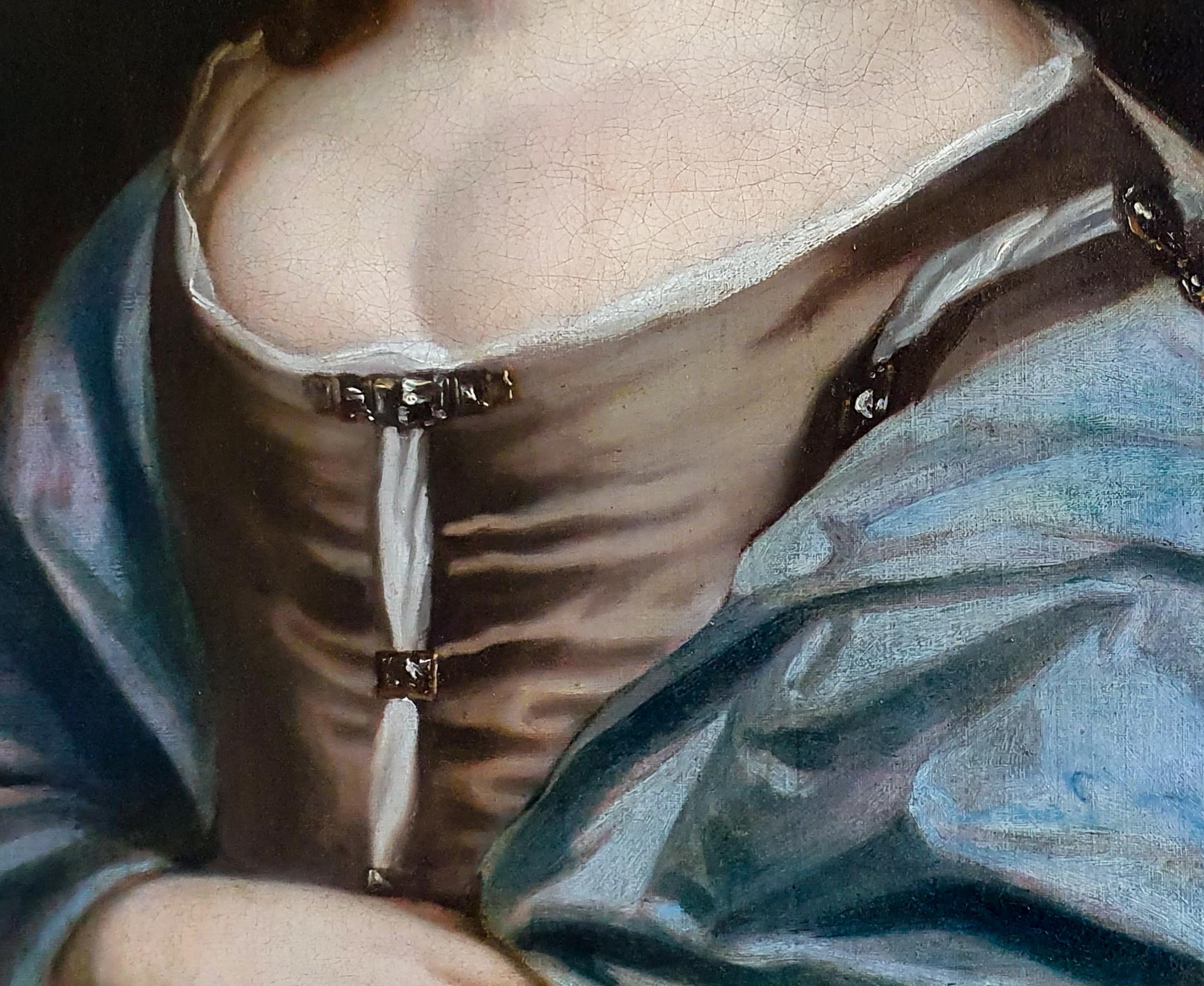 The fair-skinned beauty in this grand scale portrait is Lady Judith Monson (c.1623-1700), the daughter of Sir Thomas Pelham (2nd Baronet) of Laughton in Sussex and his wife Mary (nee Wilbraham).  She appears amongst the bounties of nature, her white