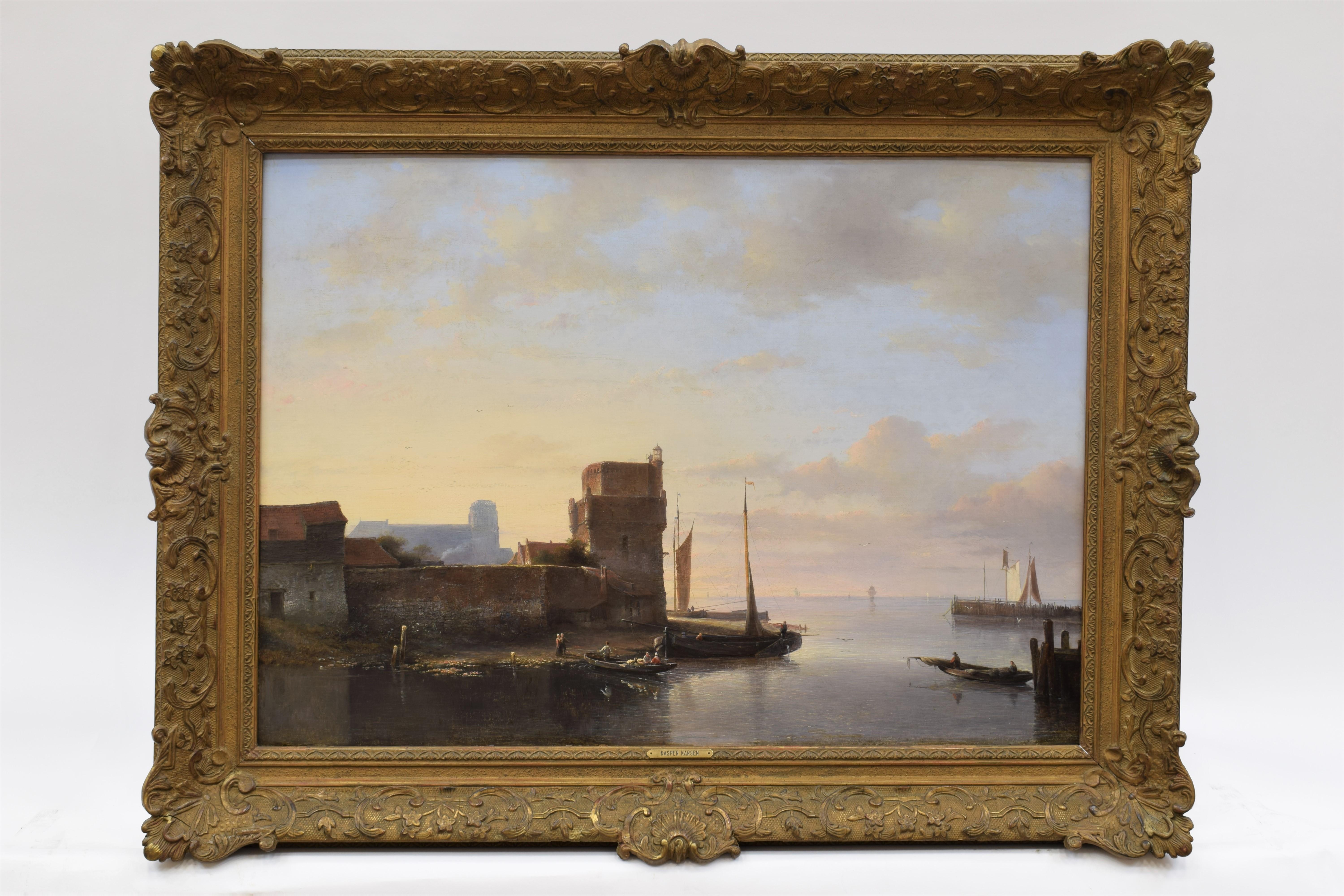 Townscape - Boats Waterfront Classic Art Oil Wood Panel Ornament Frame  - Painting by Kasper Karsen 