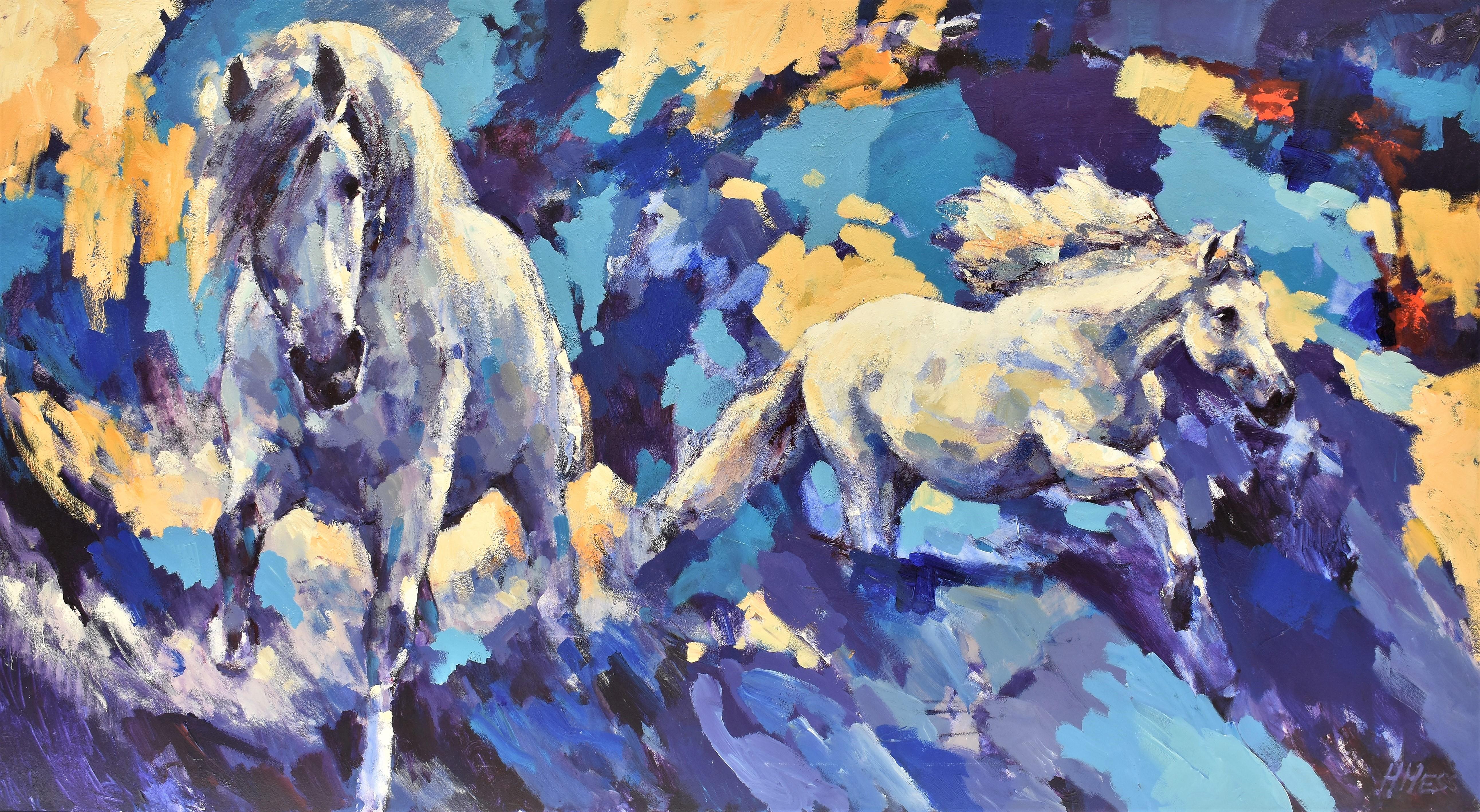 Henri Hess Animal Painting - Two horses - expressionist multicolour animals big painting