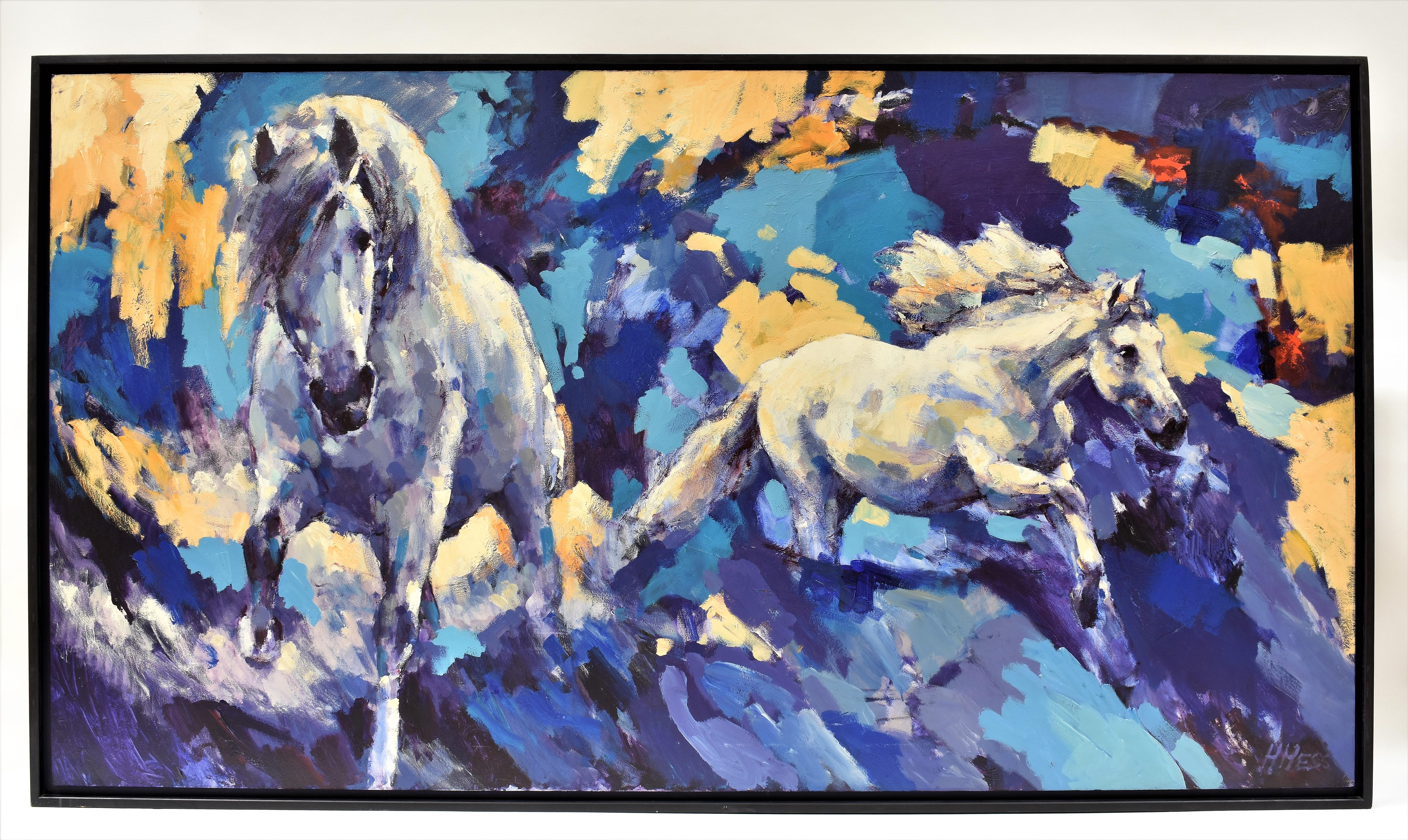 Two horses - expressionist multicolour animals big painting - Painting by Henri Hess
