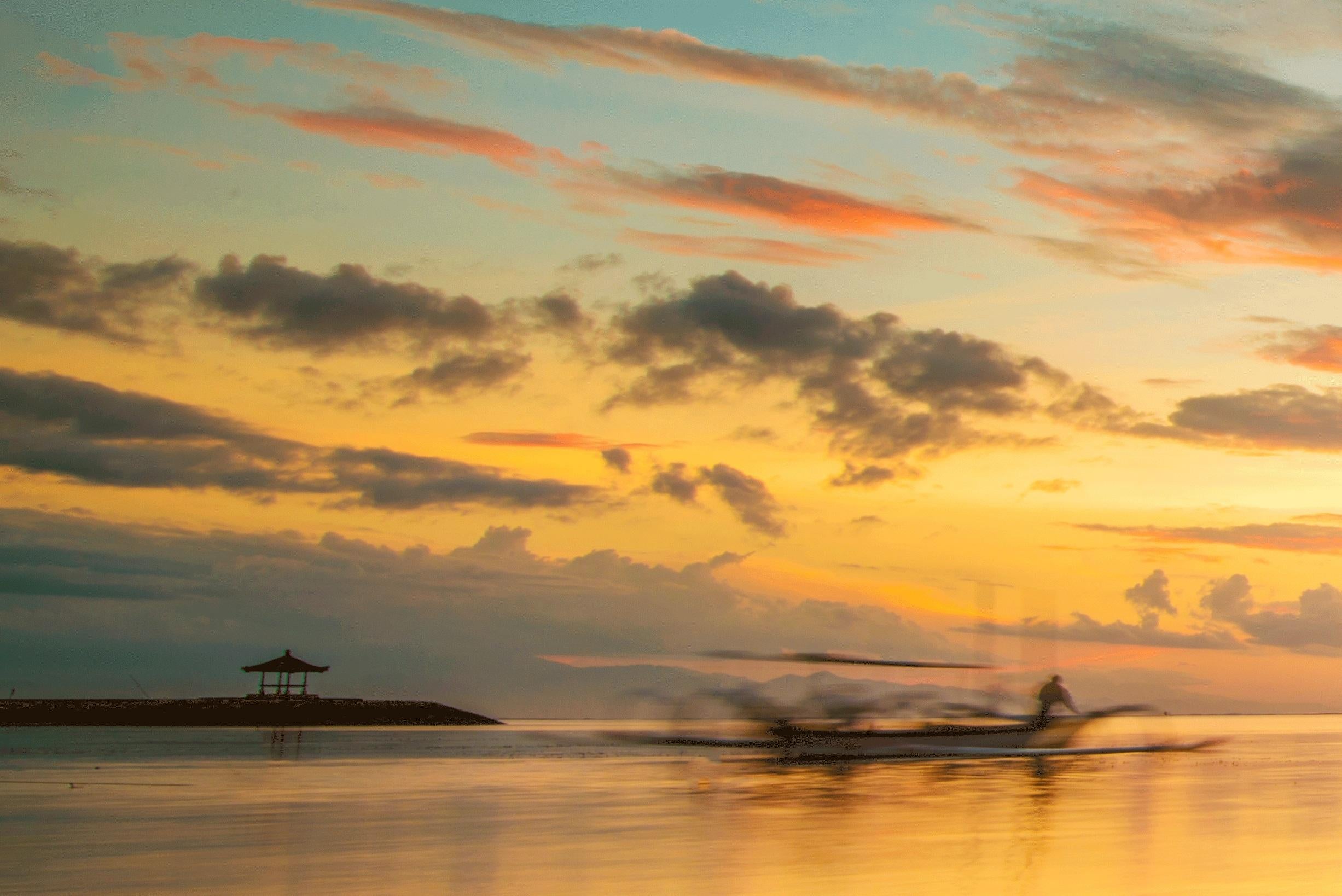 Bali, Asia - Photography Travel Waterfront Boats Nature Colour Sunset Dibond - Gray Landscape Photograph by KiLynn (Ki) Tan