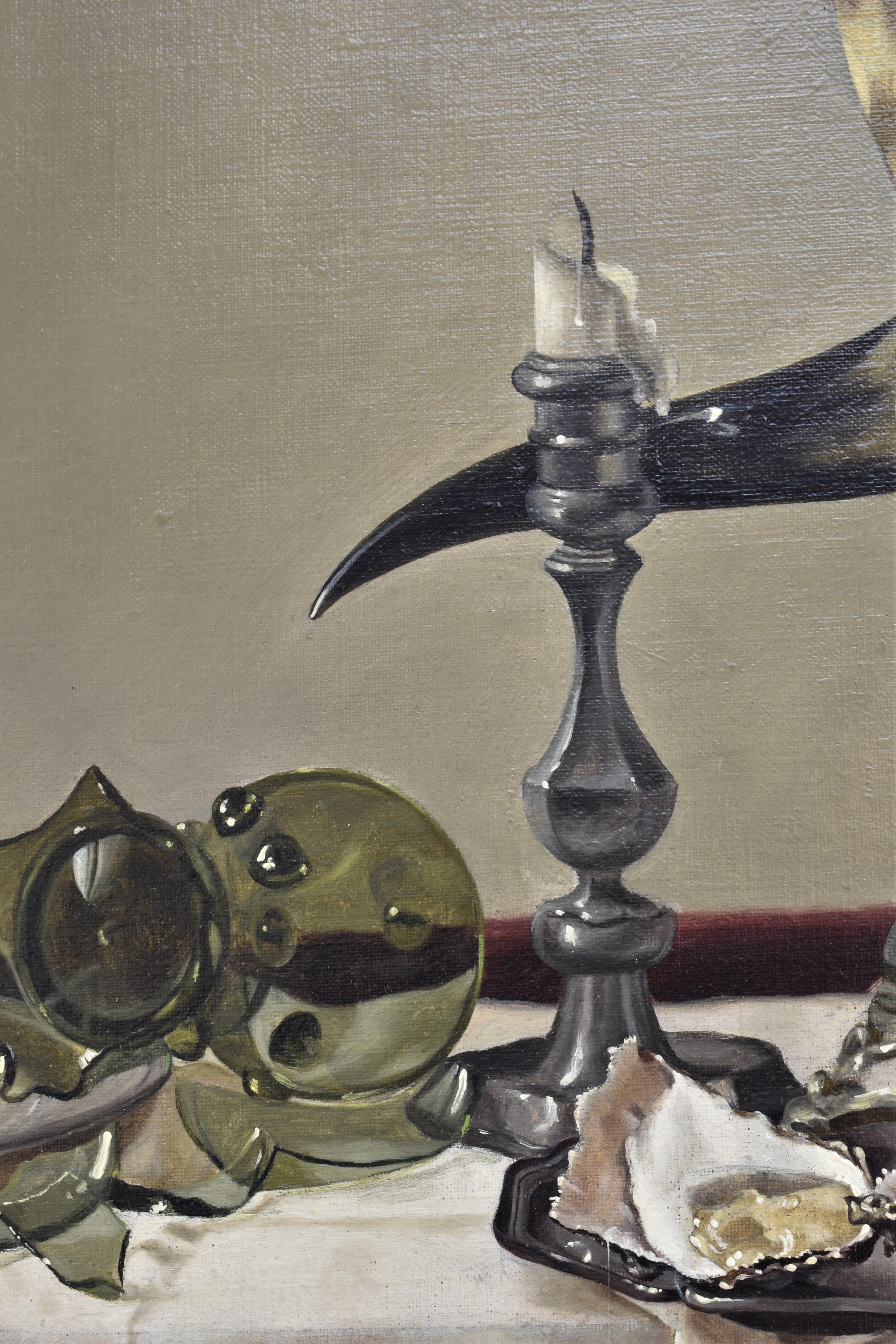 Still life dining table with oysters -  - Beige Still-Life Painting by Frederik Johan Nagtegaal