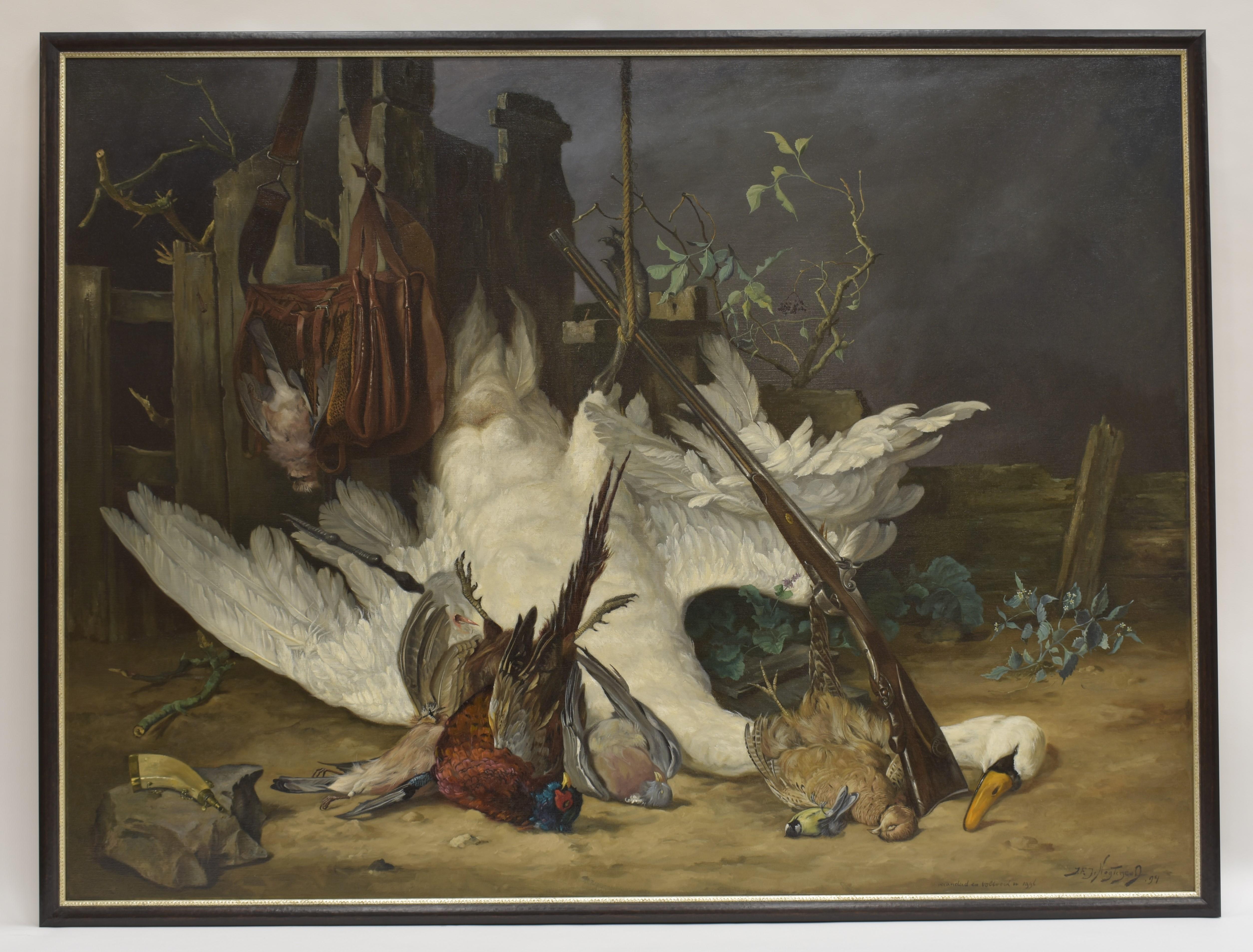 Frederik Johan Nagtegaal Still-Life Painting - Hunting scene with dead swan - Still Life Big Artwork Animals 