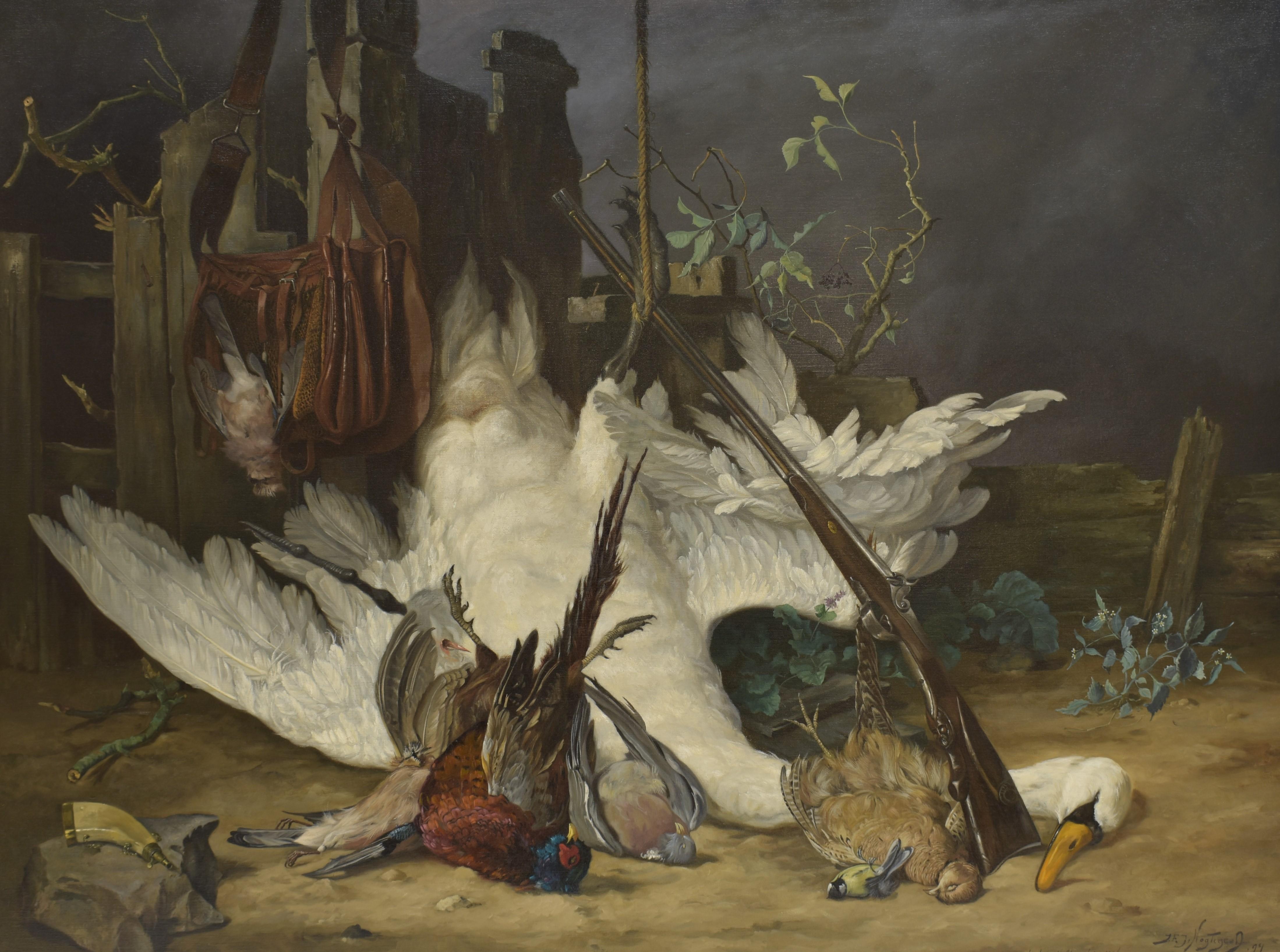 Hunting scene with dead swan - Still Life Big Artwork Animals  - Painting by Frederik Johan Nagtegaal