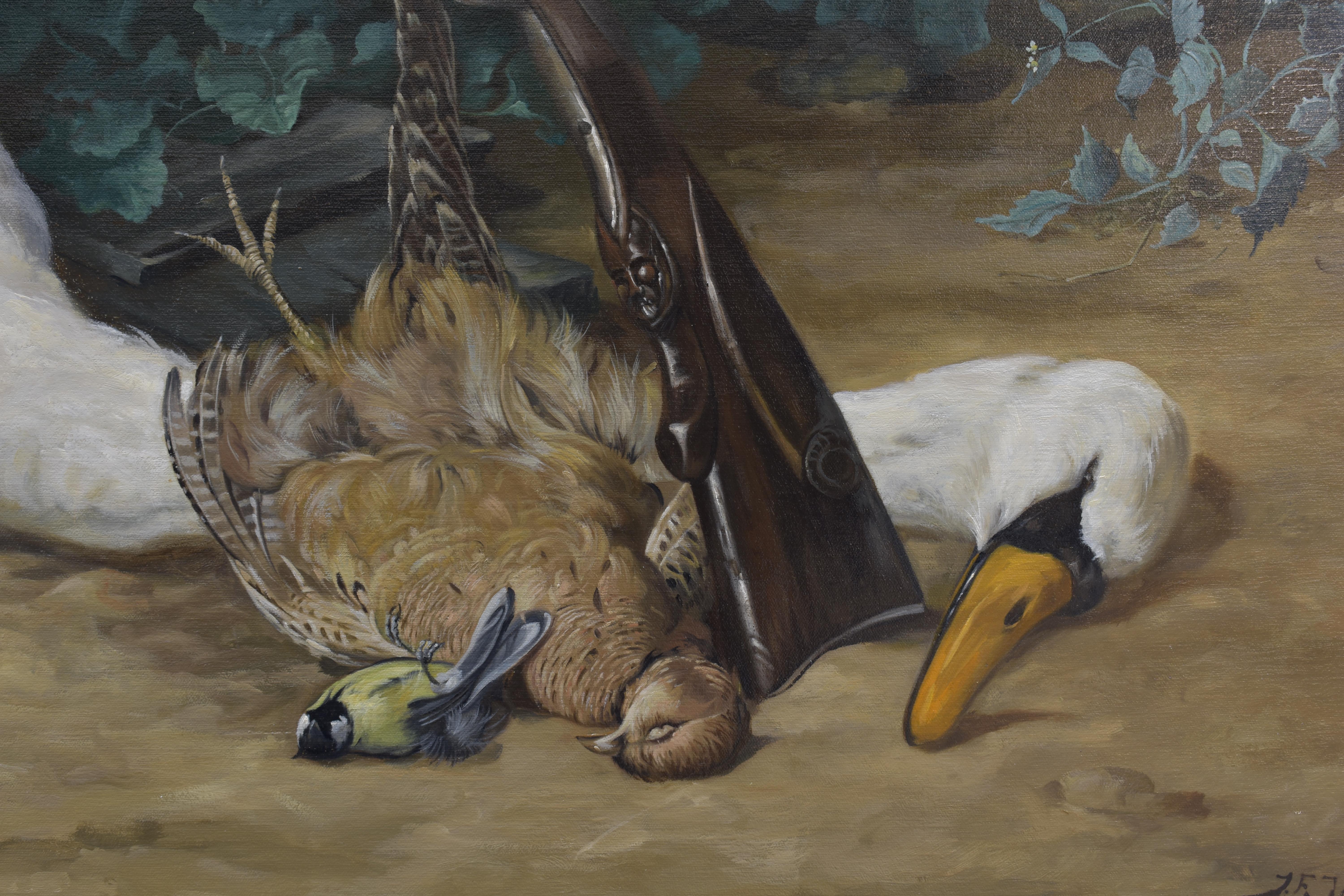 Hunting scene with dead swan - Still Life Big Artwork Animals  For Sale 5