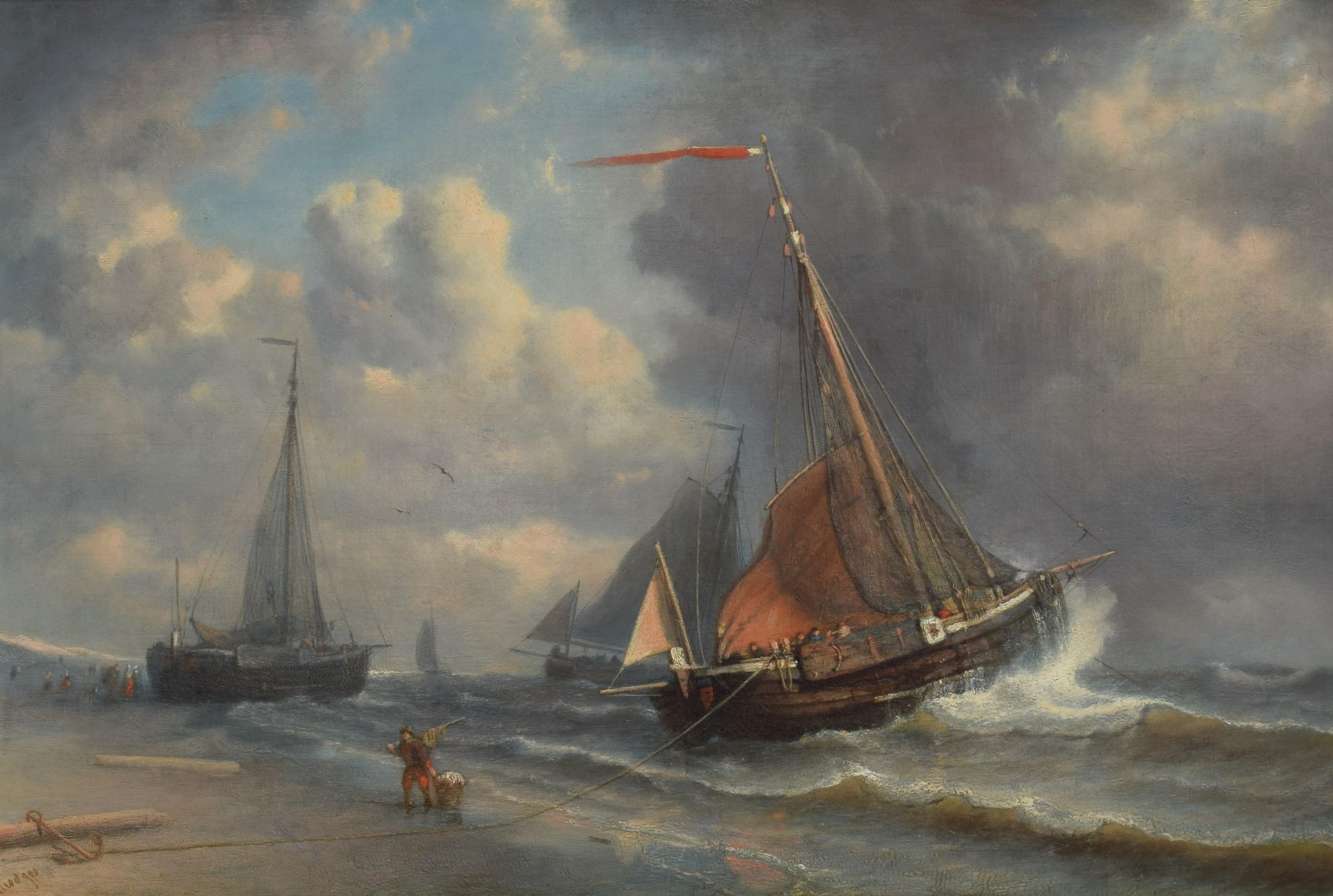Boote auf dem wilden Meer - Marouflage – Painting von Petrus Paulus Schiedges