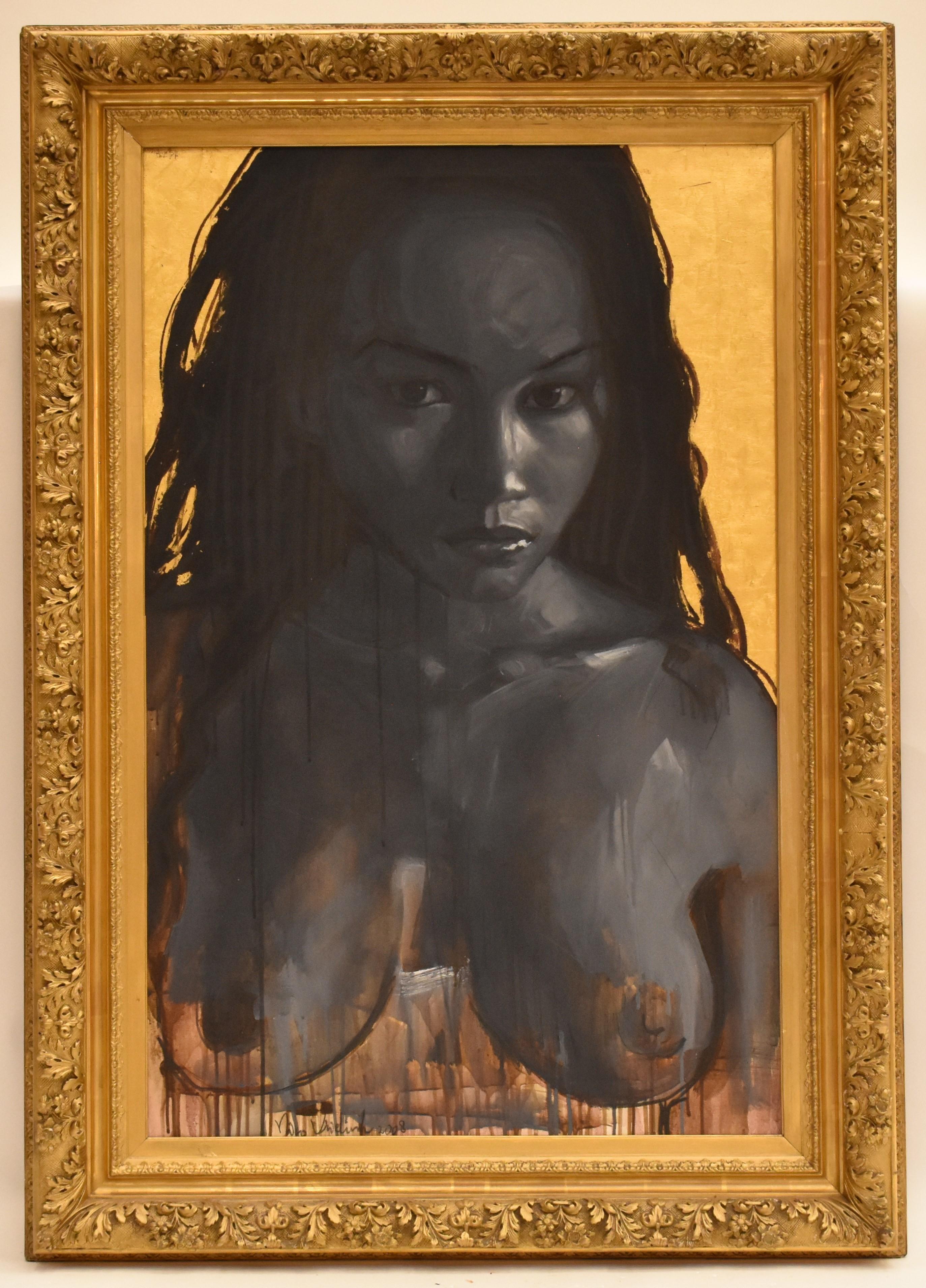 Nico Vrielink Nude Painting - Dark woman nude (Monica) - Contemporary Figurative art, Oil on Canvas, Nudity