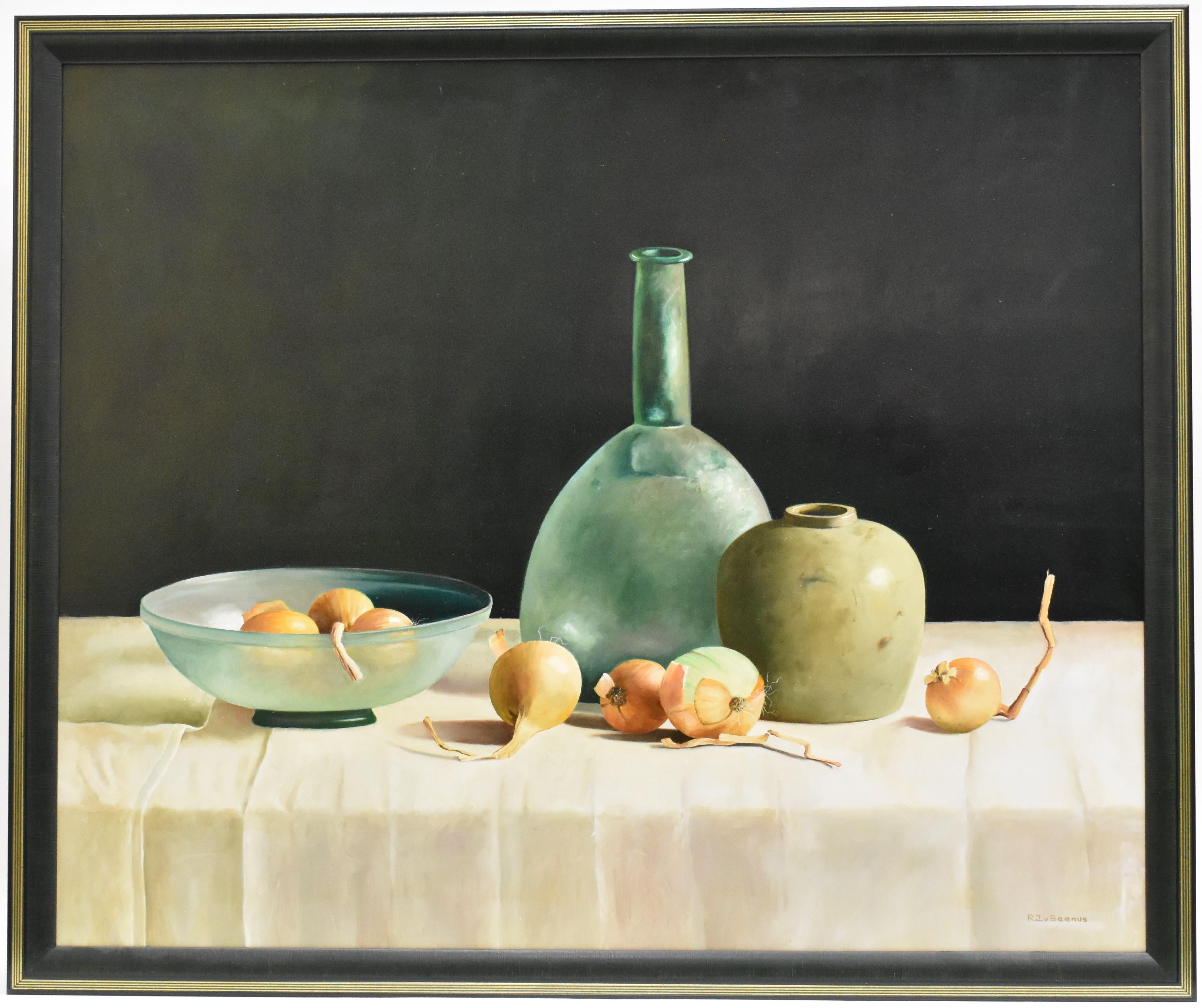 R.J. van Seenus Still-Life Painting - Realistic still-life with vases and onions 