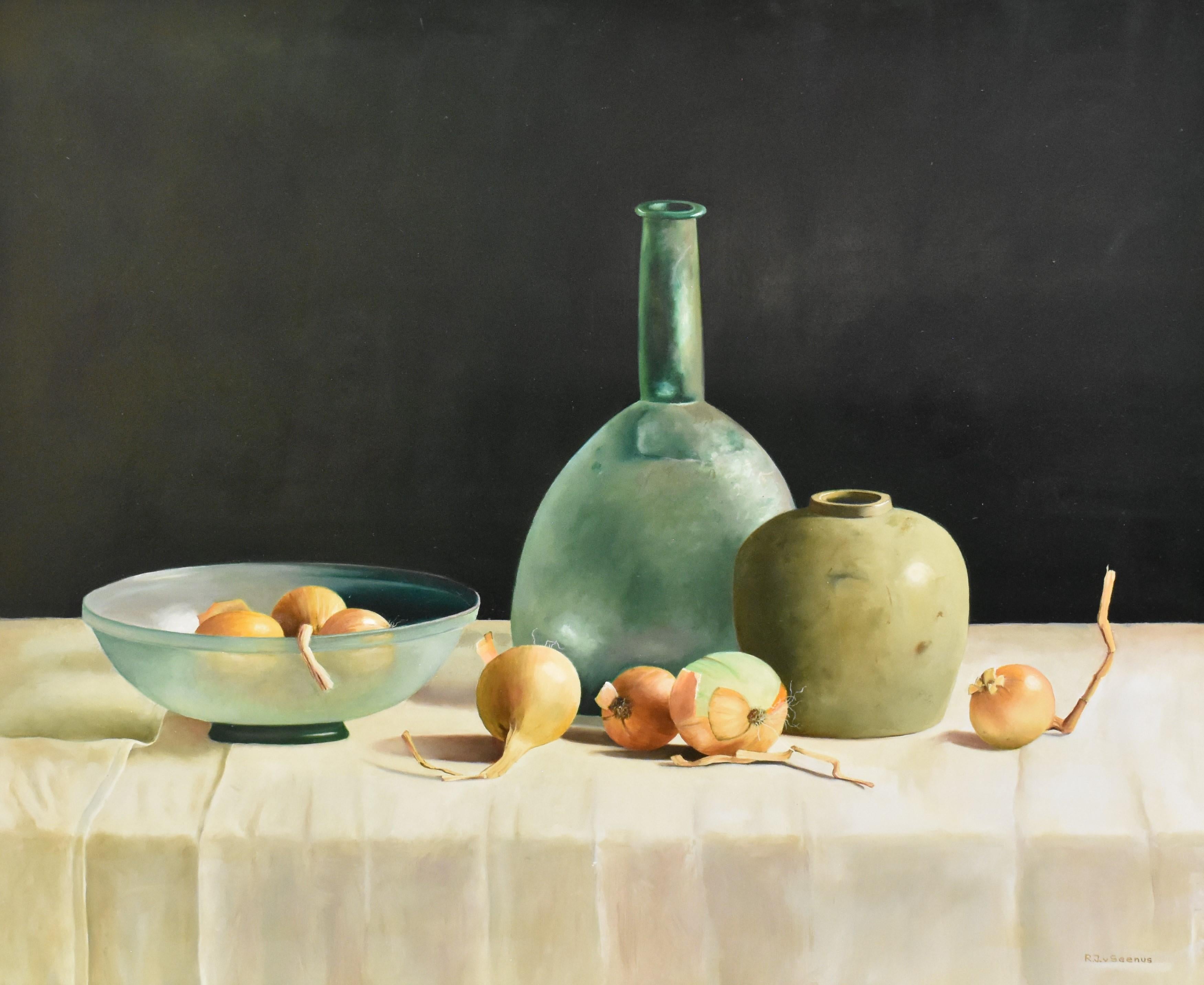 Realistic still-life with vases and onions  - Painting by R.J. van Seenus