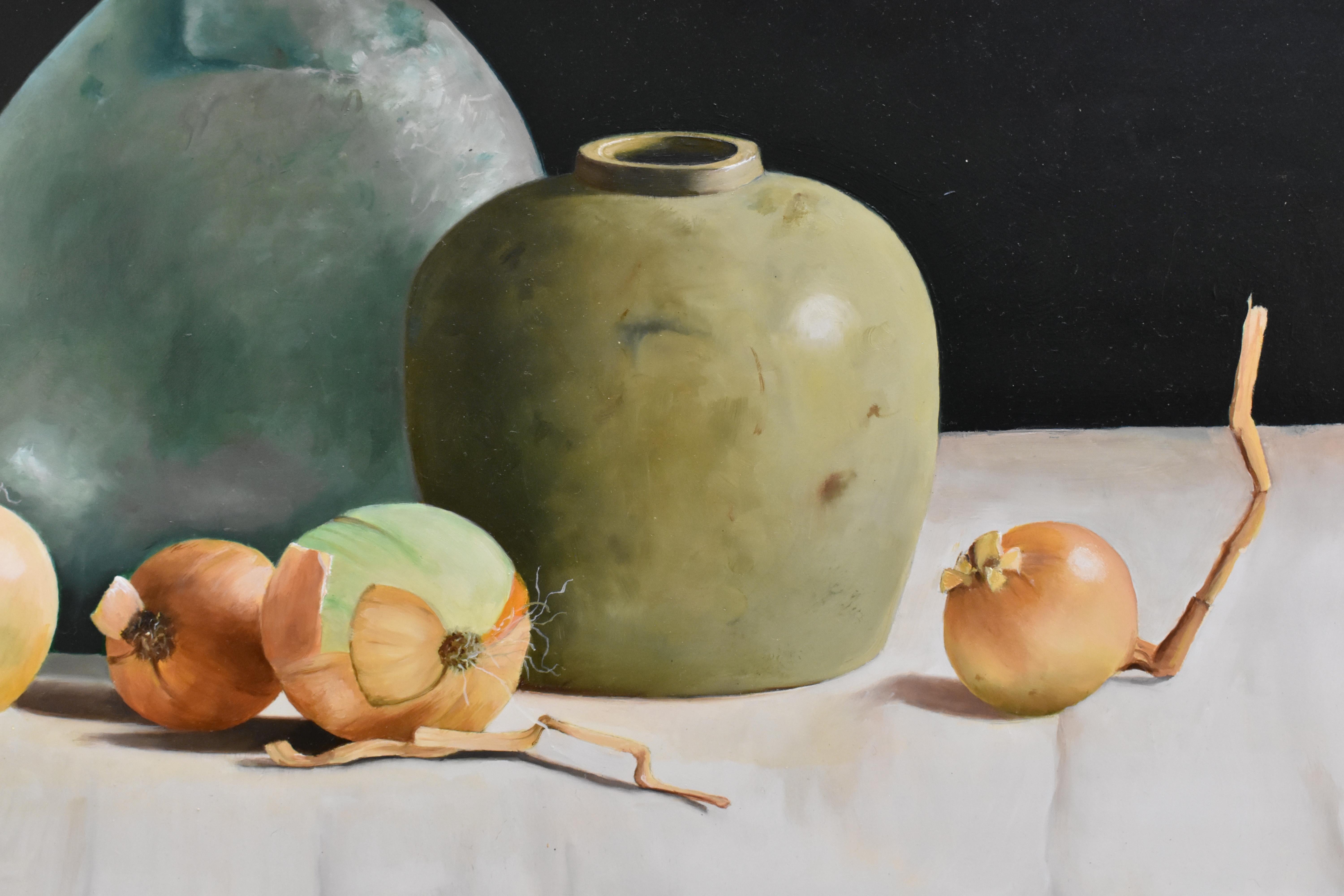 Realistic still-life with vases and onions  - Black Still-Life Painting by R.J. van Seenus