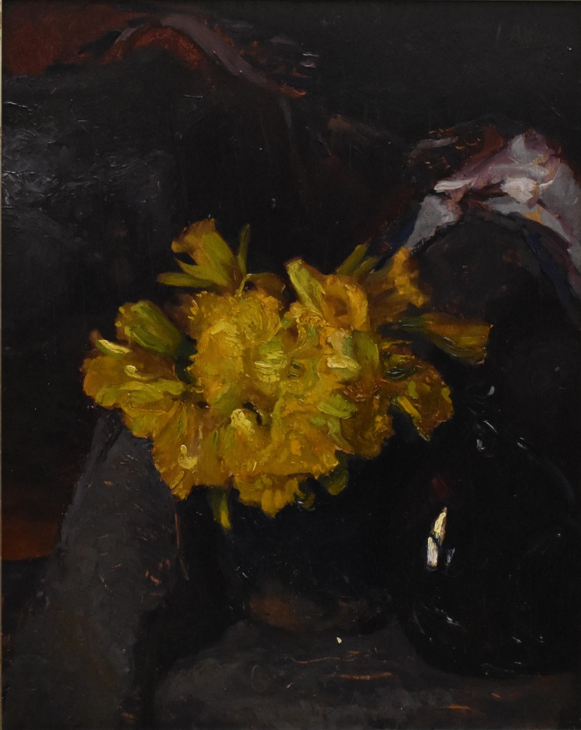 Still-life of flowers in yellow - early 20th century modernist painting De Ploeg - Painting by Jan Altink 