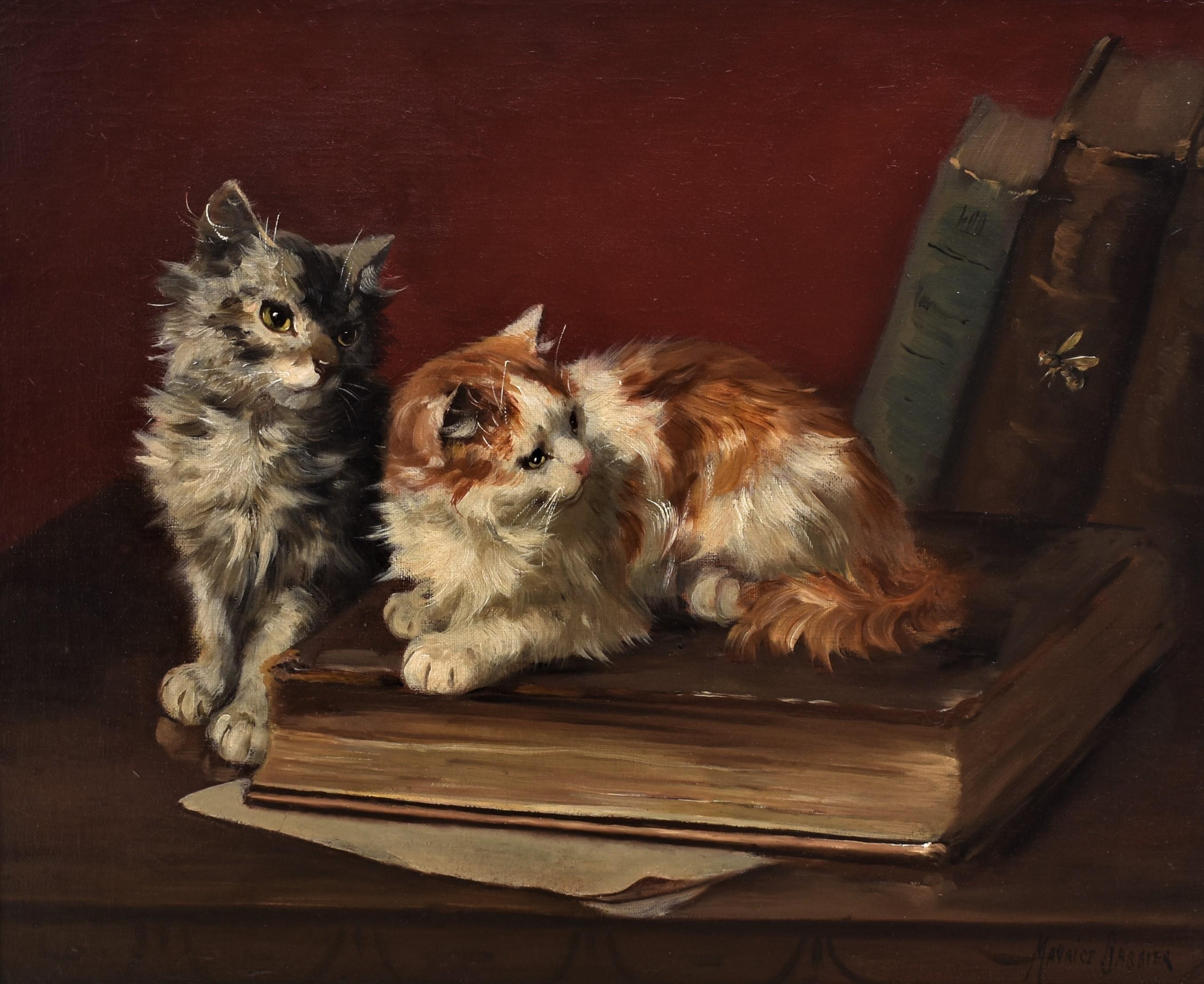 Two cats with book and insects - Painting by Maurice Jabbier