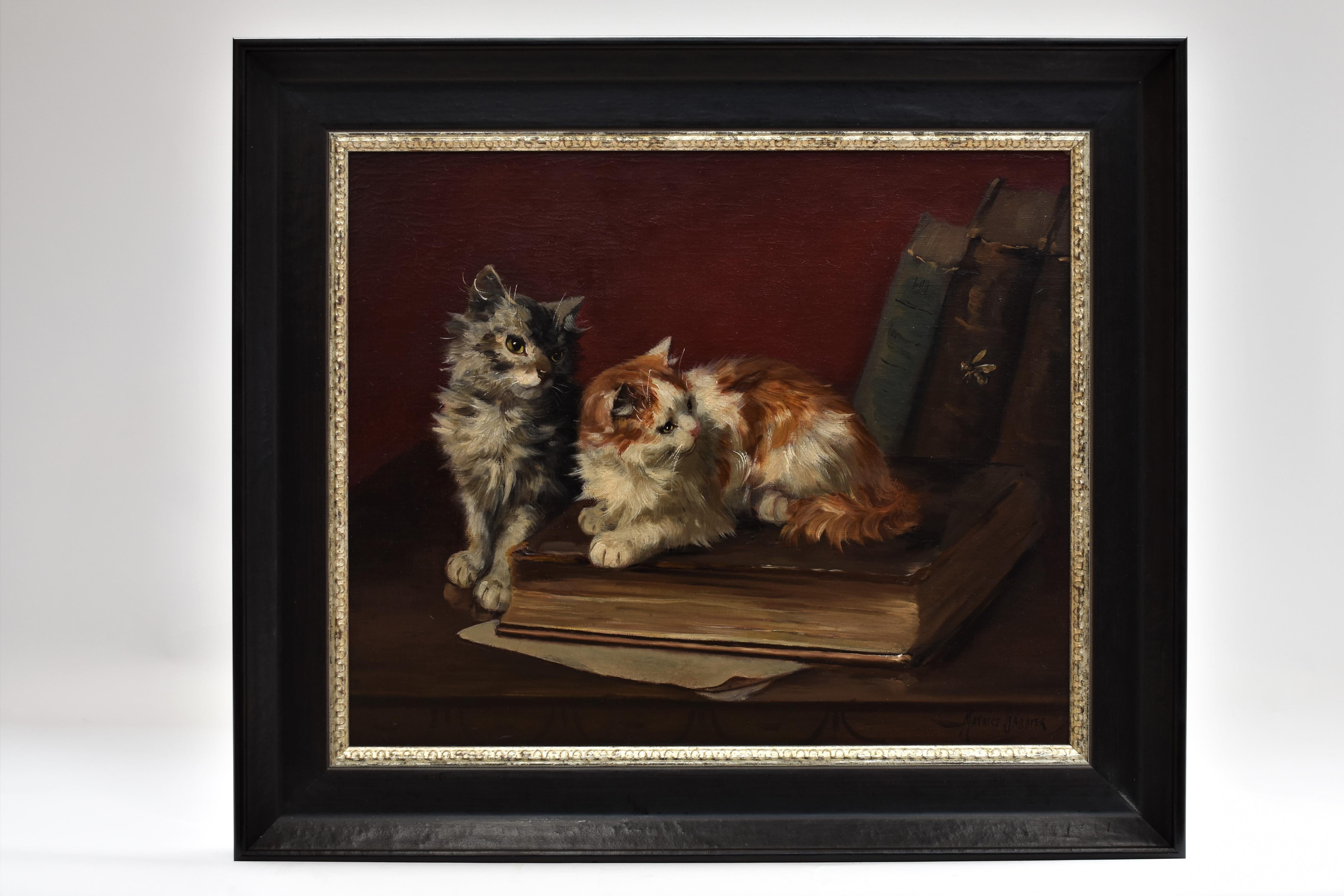 Maurice Jabbier Animal Painting - Two cats with book and insects