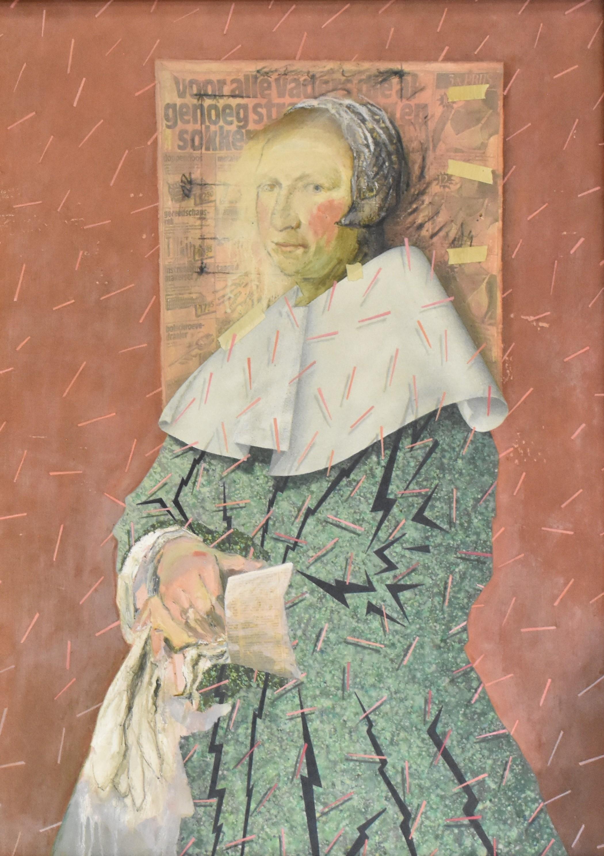 Foldable portrait Dutch women with newspaper - modern  - Modern Painting by Bruce Thurman