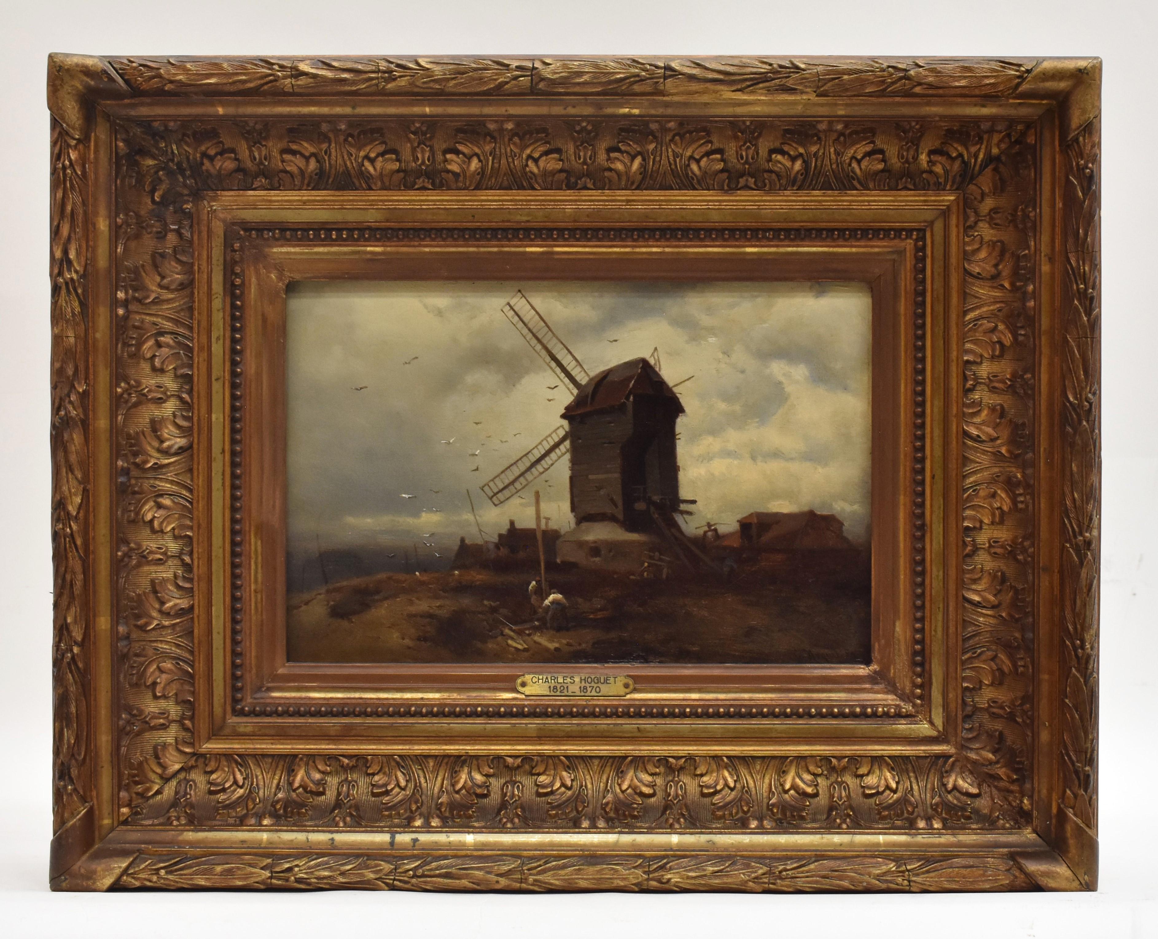 Charles Hoguet Figurative Painting - landscape with windmill, oil paint on panel, Barbizon school, dated 1859