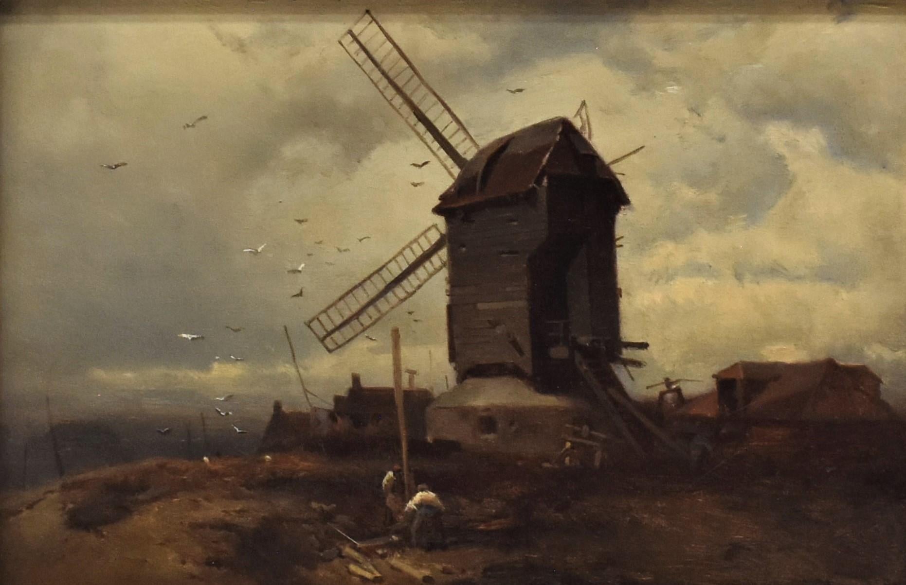 landscape with windmill, oil paint on panel, Barbizon school, dated 1859 - Painting by Charles Hoguet