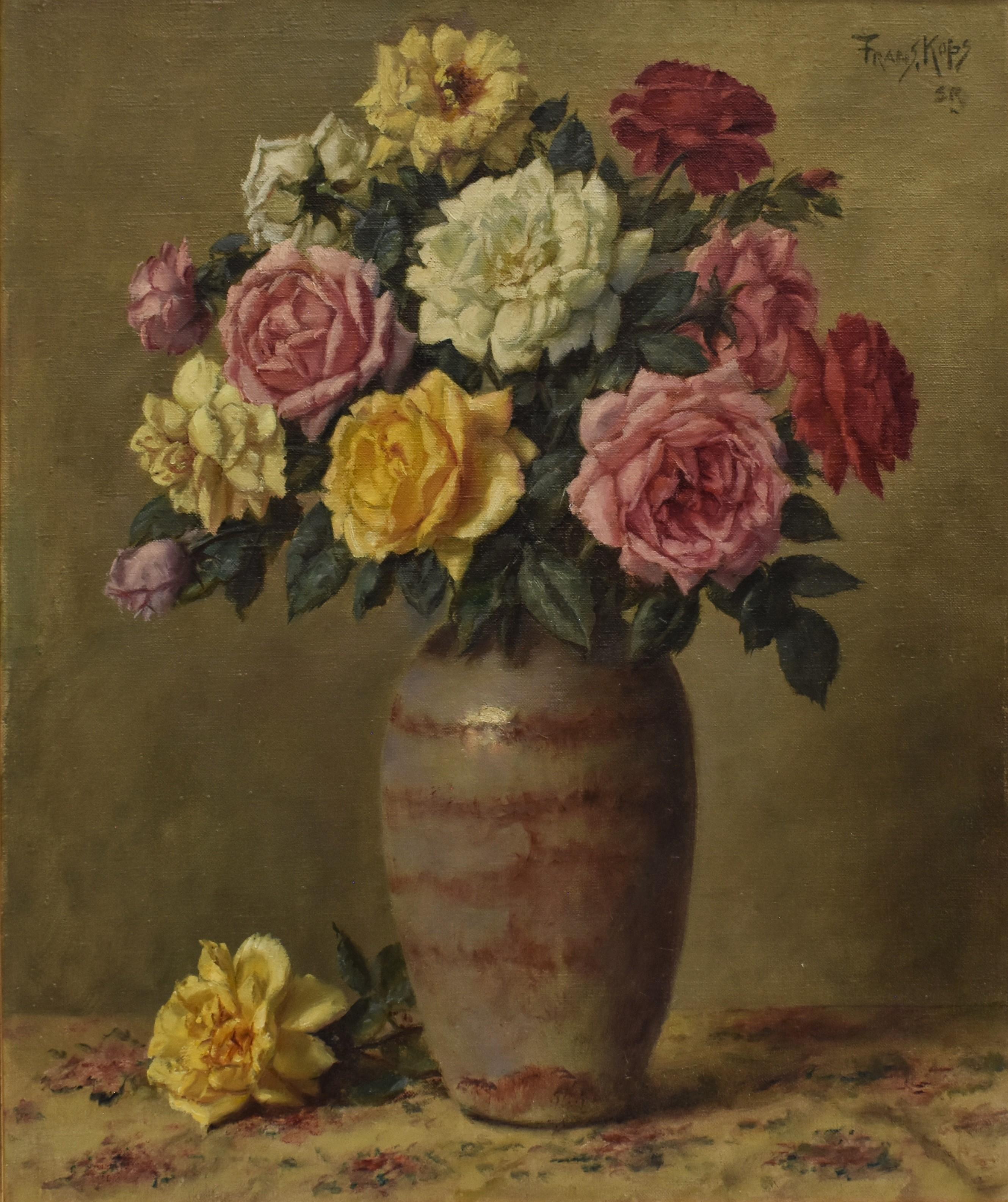 Stillleben-Rosen – Blumen des niederländischen Künstlers Frans Kops, signiert, impressionistische Blume des Realismus – Painting von Johannes Franciscus (Frans) Kops