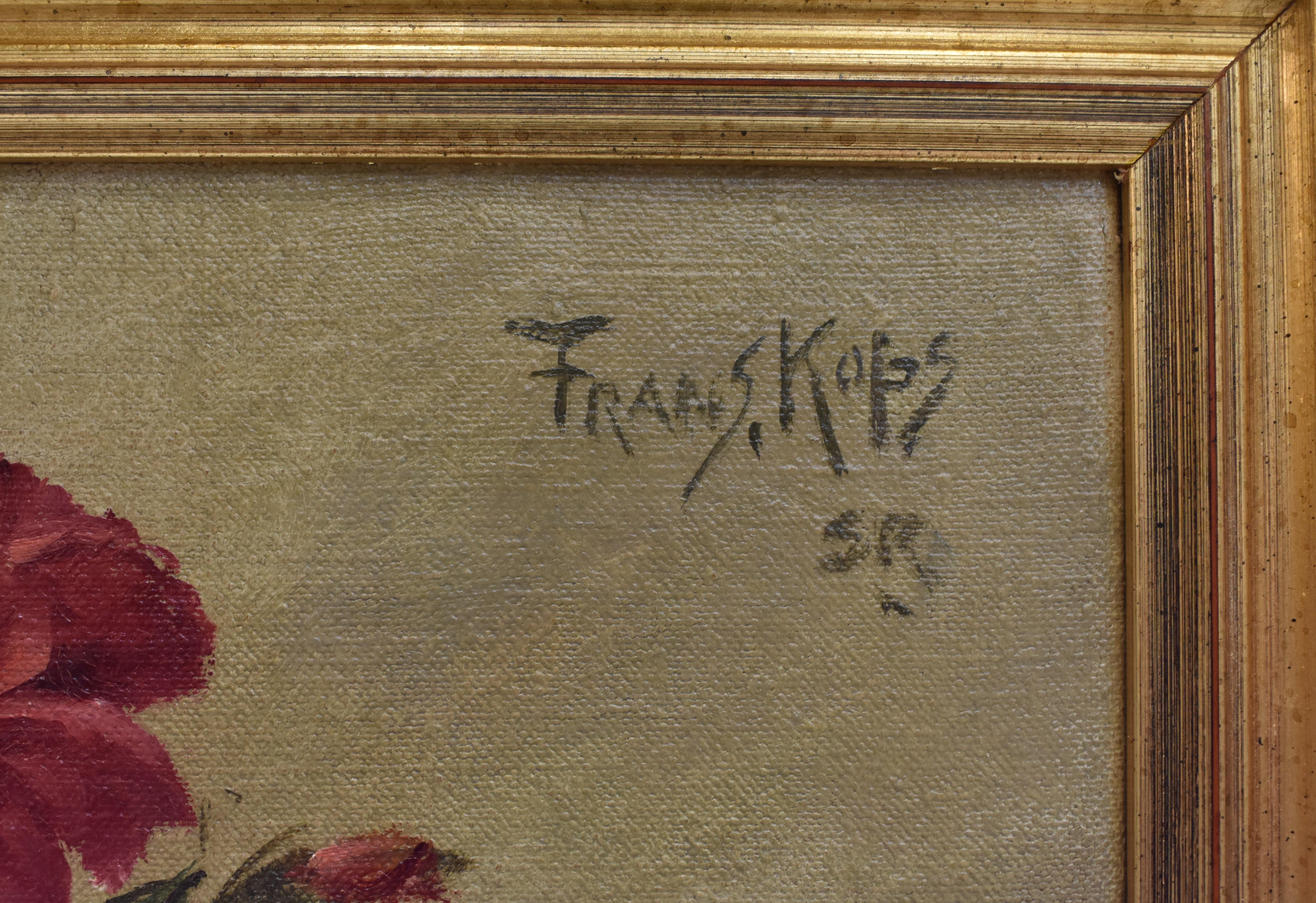 Stillleben-Rosen – Blumen des niederländischen Künstlers Frans Kops, signiert, impressionistische Blume des Realismus (Braun), Still-Life Painting, von Johannes Franciscus (Frans) Kops