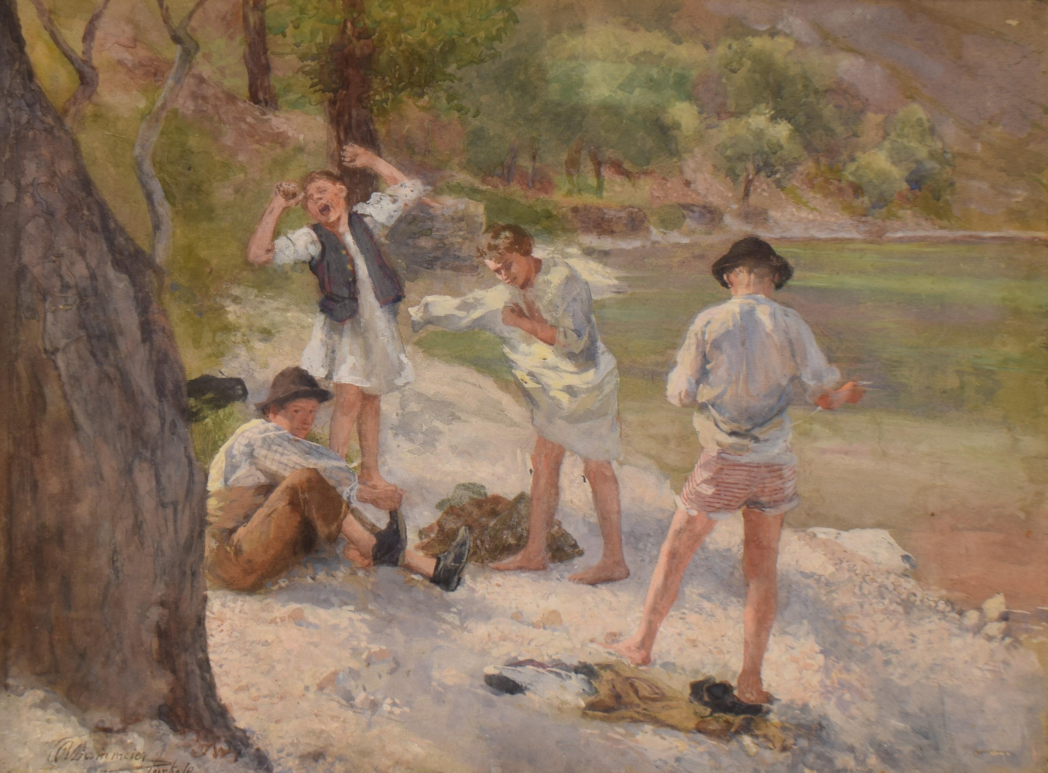 Rudolf Dammeier Figurative Painting - Playing Children at the shore - Watercolor