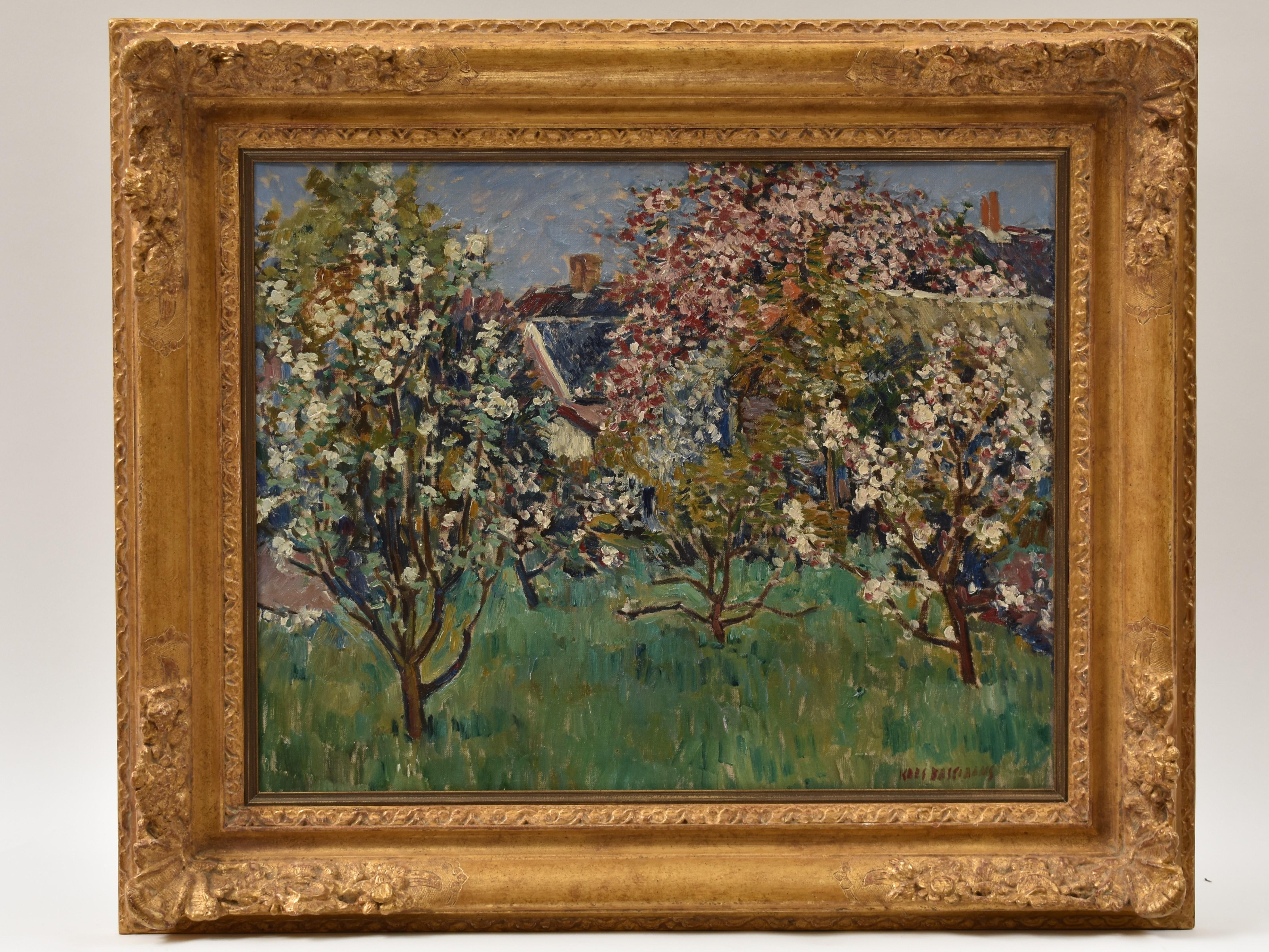 Orchard in Blossom - Expressionist Art Oil Canvas Nature Flowers Colours - Painting by Kees Bastiaans
