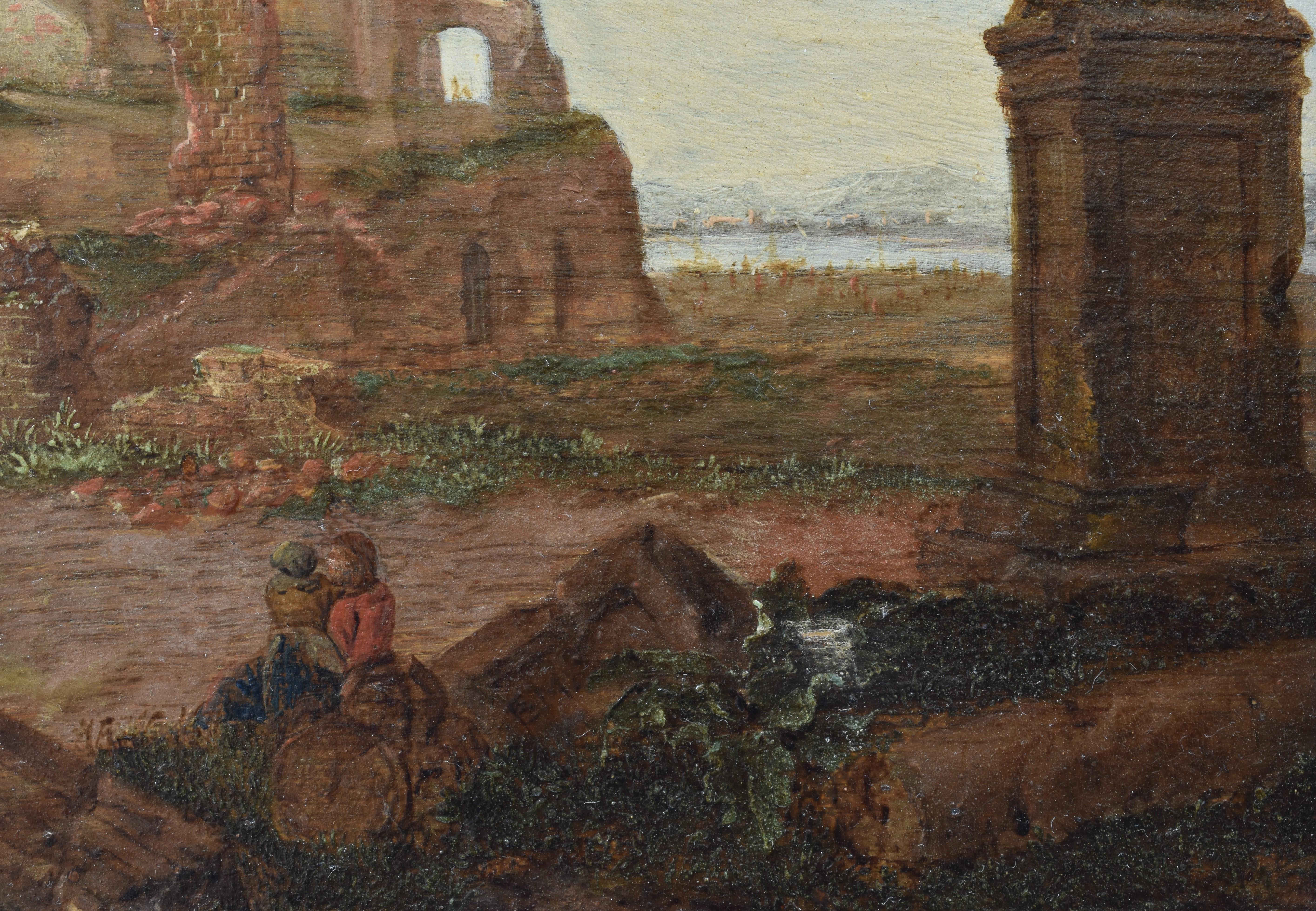 Landscape with an obelisque and figures at a ruined fortre - Old ForteOil Panel  - Brown Landscape Painting by Emanuel Murant