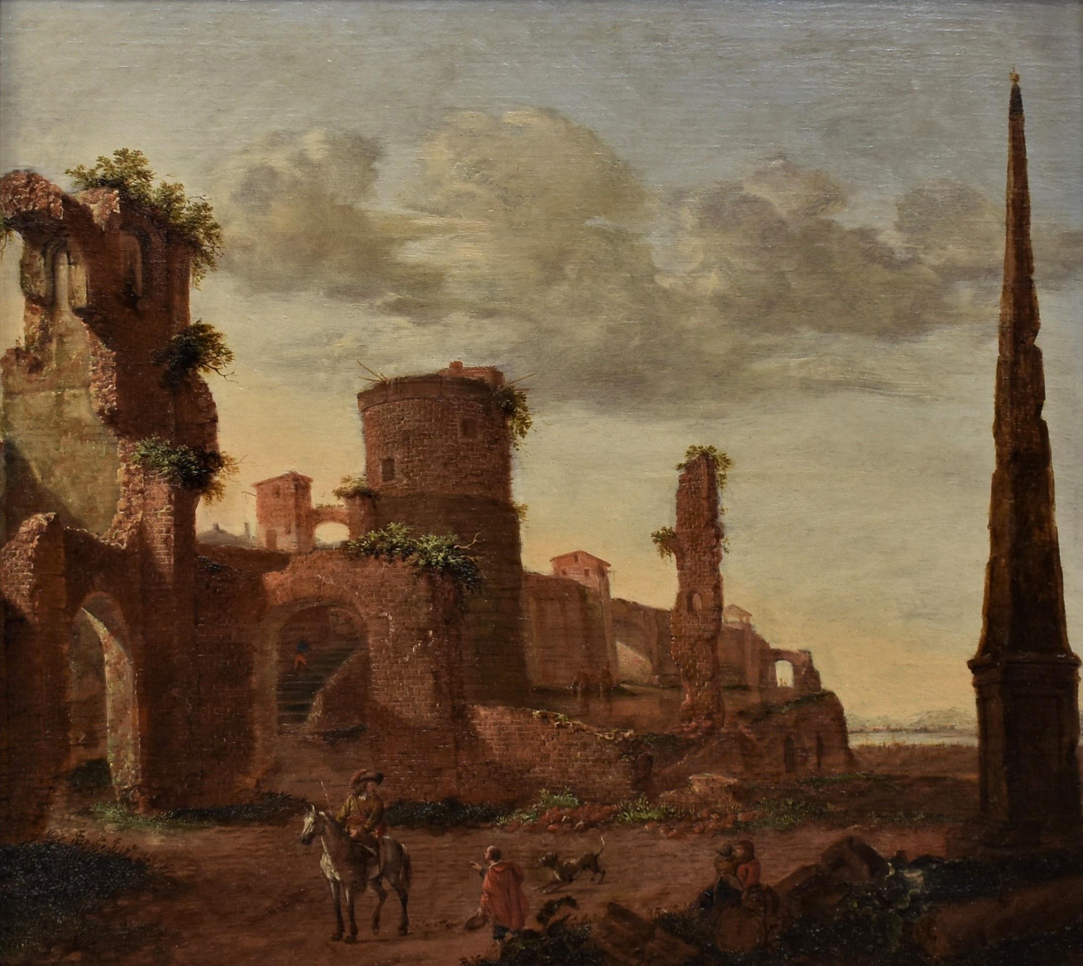 Landscape with an obelisque and figures at a ruined fortre - Old ForteOil Panel  - Painting by Emanuel Murant