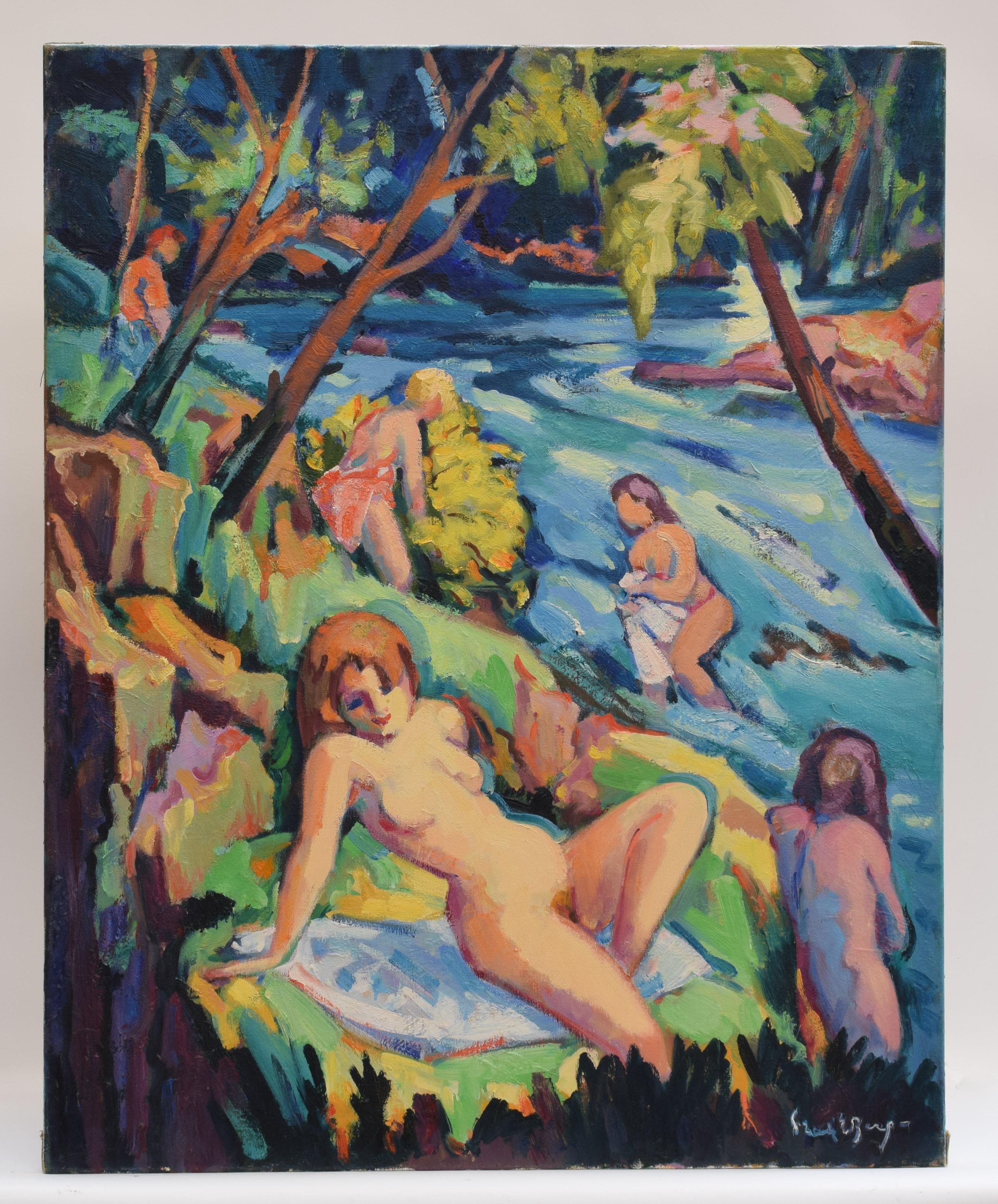 Freek van den Berg Landscape Painting - Bathers nearby the river - Oil on canvas Fauvist Dutch Artist Figurative Art