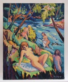 Bathers nearby the river - Oil on canvas Fauvist Dutch Artist Figurative Art