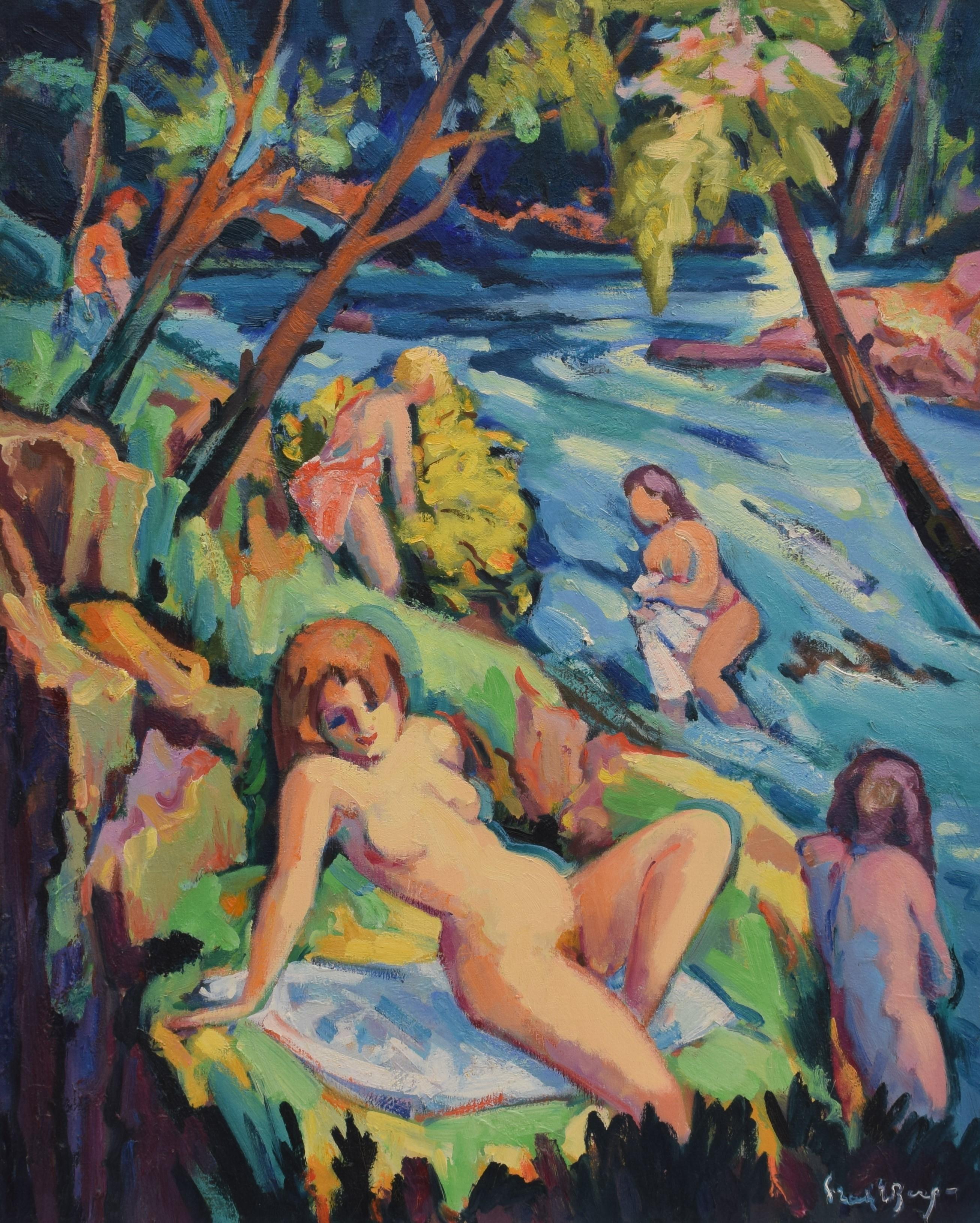Bathers nearby the river - Oil on canvas Fauvist Dutch Artist Figurative Art – Painting von Freek van den Berg