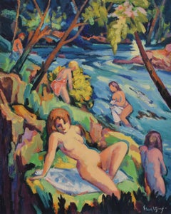Bathers nearby the river - Oil on canvas Fauvist Dutch Artist Figurative Art
